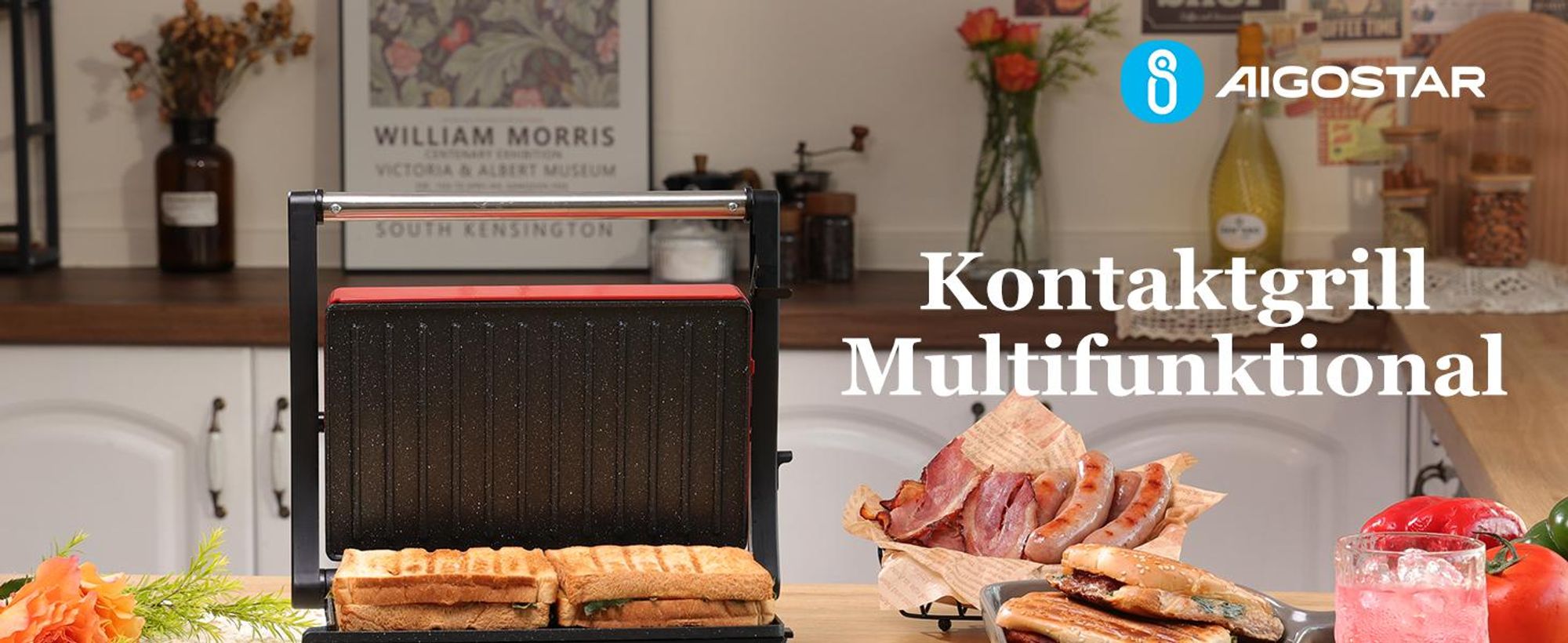 Aigostar - Kontaktgrill für Sandwiches, Steak auch als Panini Grill, Antihaftbeschichteter Grill toaster für fettfreies Grillen, 750W