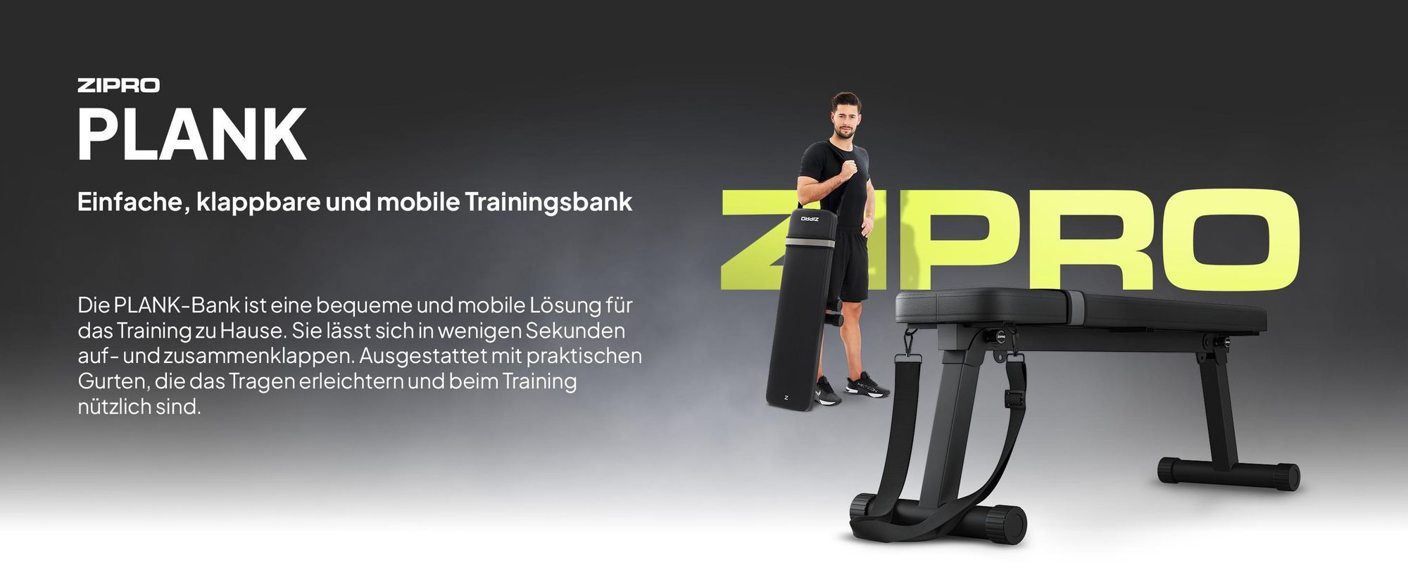 Zipro Hantelbank Flach Plank – Klappbare Fitnessbank für Zuhause Ultra-Kompakt mit Tragegriff Bis 230kg Belastbar Trainingsbank für Kurzhanteln & Hip