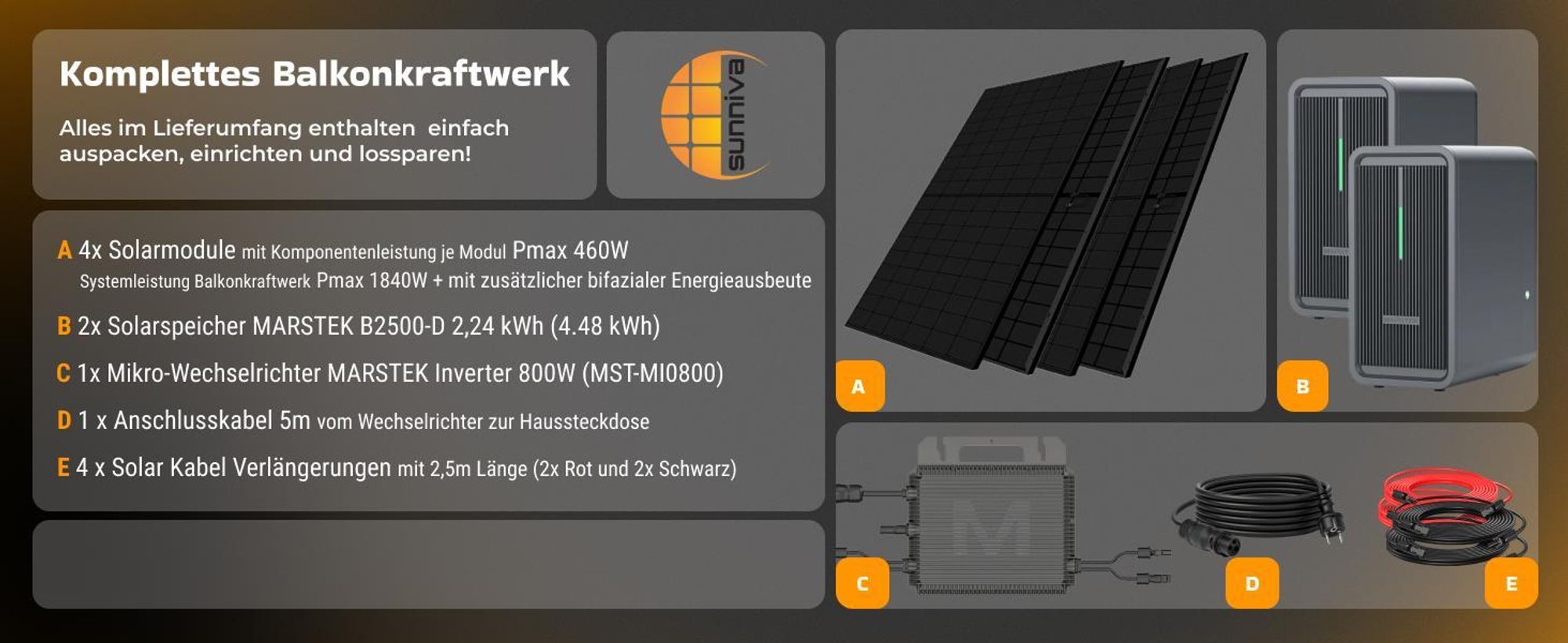 SUNNIVA® 1840W Balkonkraftwerk mit 4.48 kWh Speicher Marstek 2x B2500-D, 4x 460W BIFAZIAL FULLBLACK komplett Steckdose, PV Solaranlage + Solarspeicher