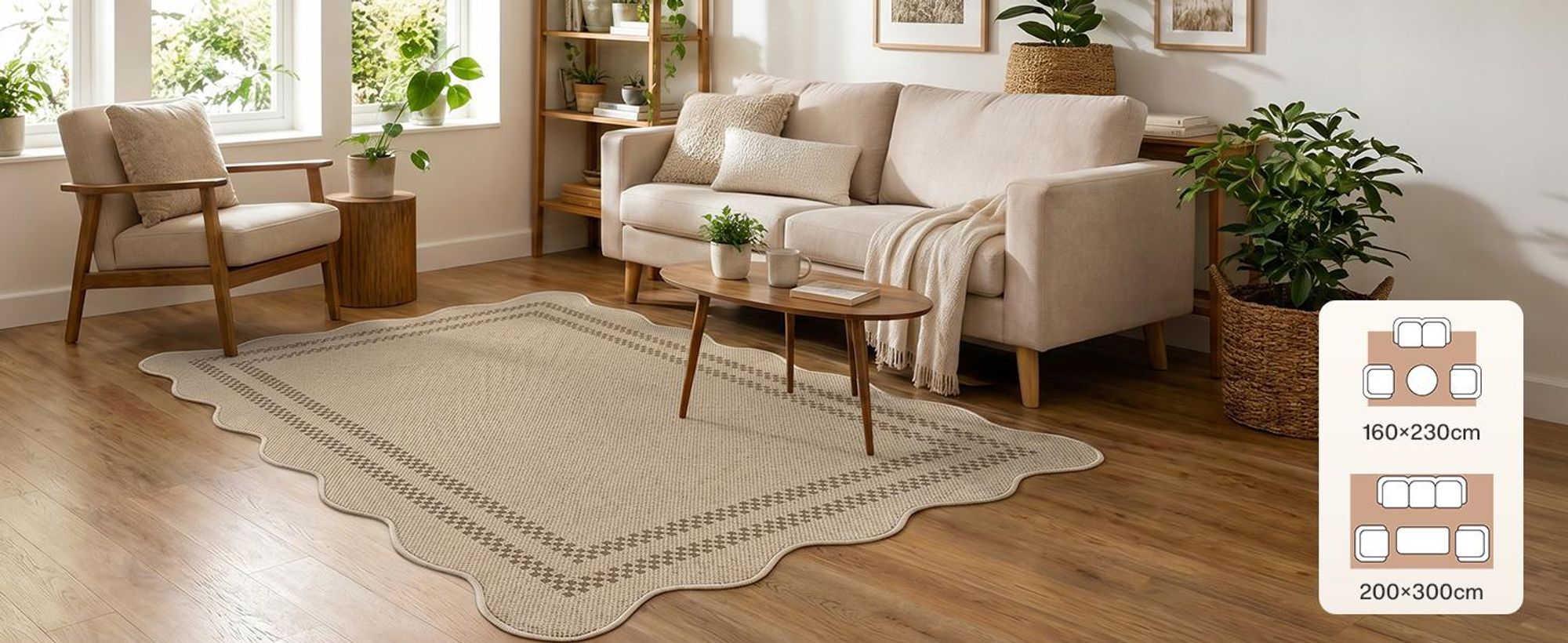 Tribesigns Indoor Outdoor Teppich Wetterfest 160x230 cm, Jute-Look, Muschelkante & Randmuster Landhausstil, waschbar,Küche, Balkon, Terrasse, Beige