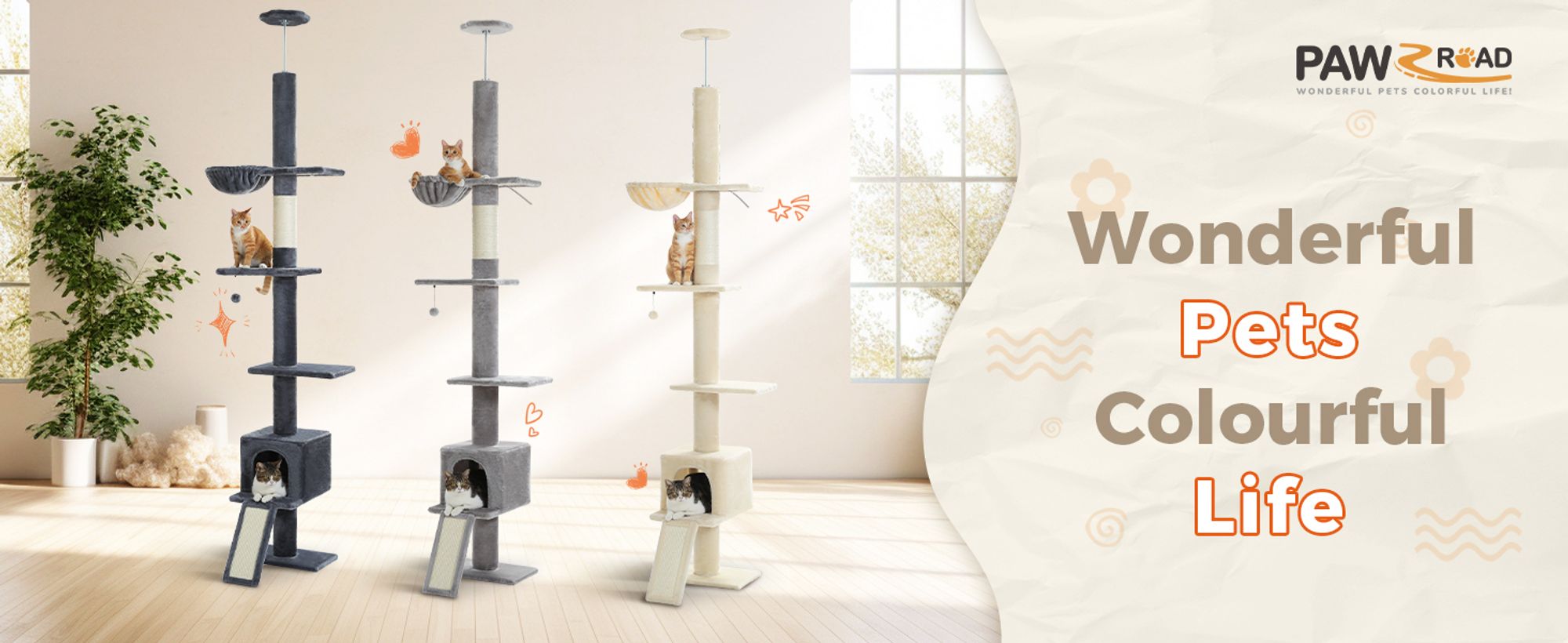 PAWZ Road Kratzbaum deckenhoch, Katzenbaum vom Boden bis zur Decke, Grau