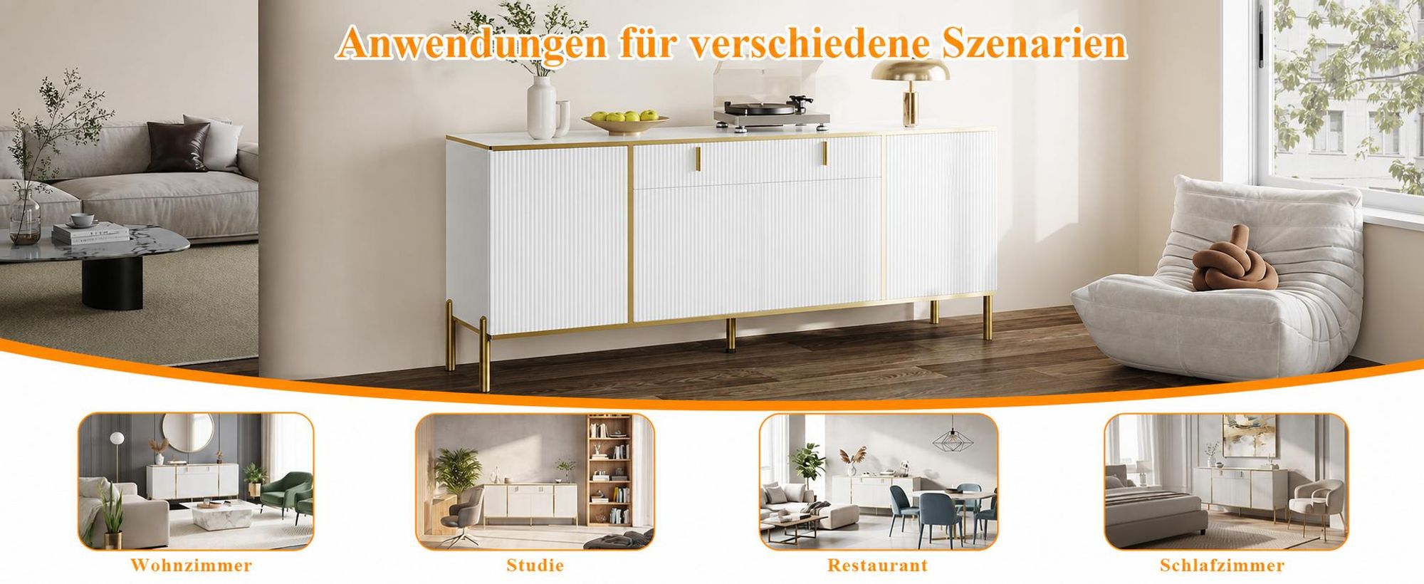 160 cm Sideboard mit 1 großen Schublade 4 Türen, Kommode mit Verstellbaren Einlegeböden, mit 5 Füßen, Weiß und Gold, 160 x 40 x 80 cm