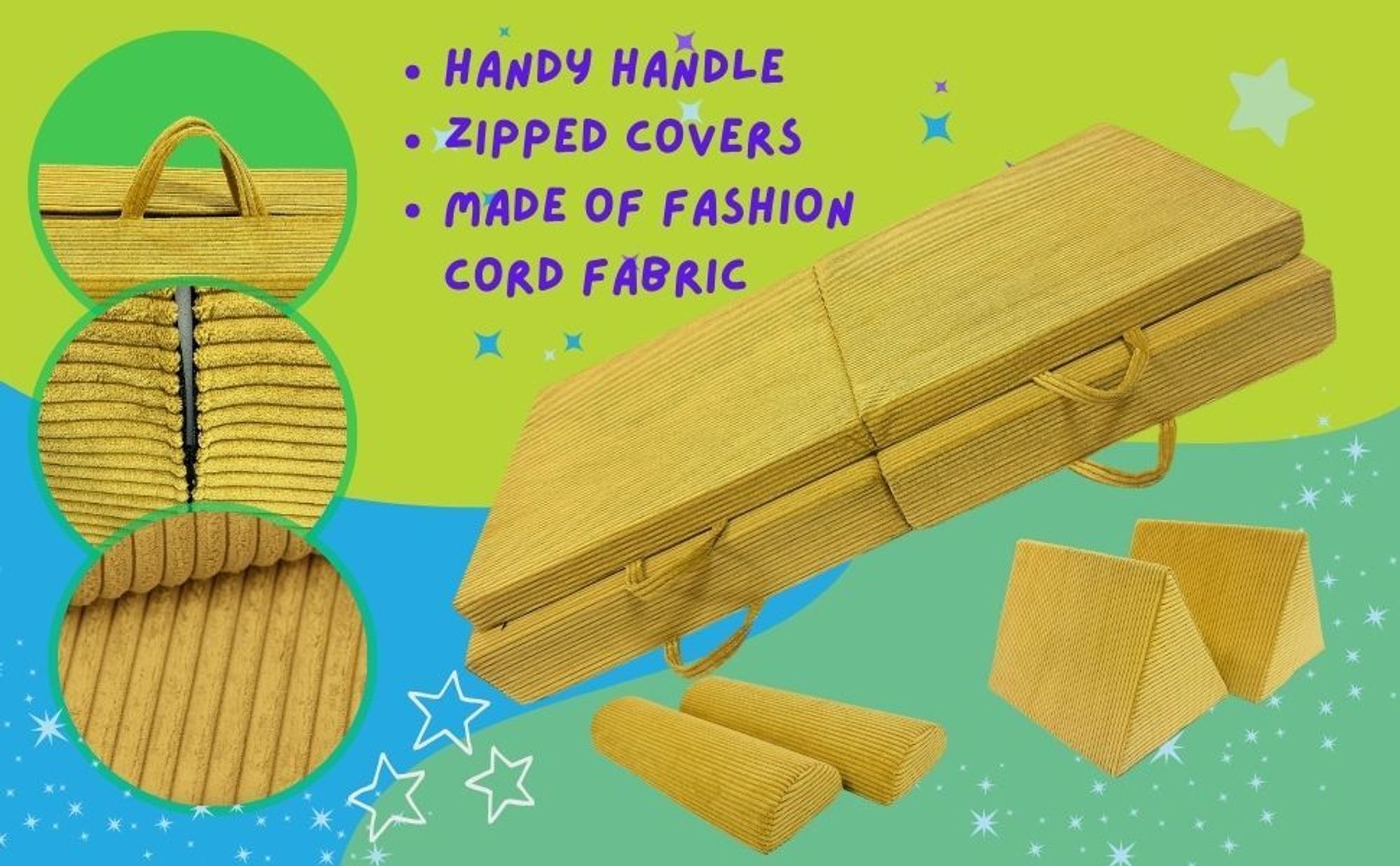 Pillows24 - Kindersofa mit Schlaffunktion | Weiches Spielsofa aus Cordstoff | Kinder Sofa mit abnehmbaren Bezügen für Spielzimmer, Gelb