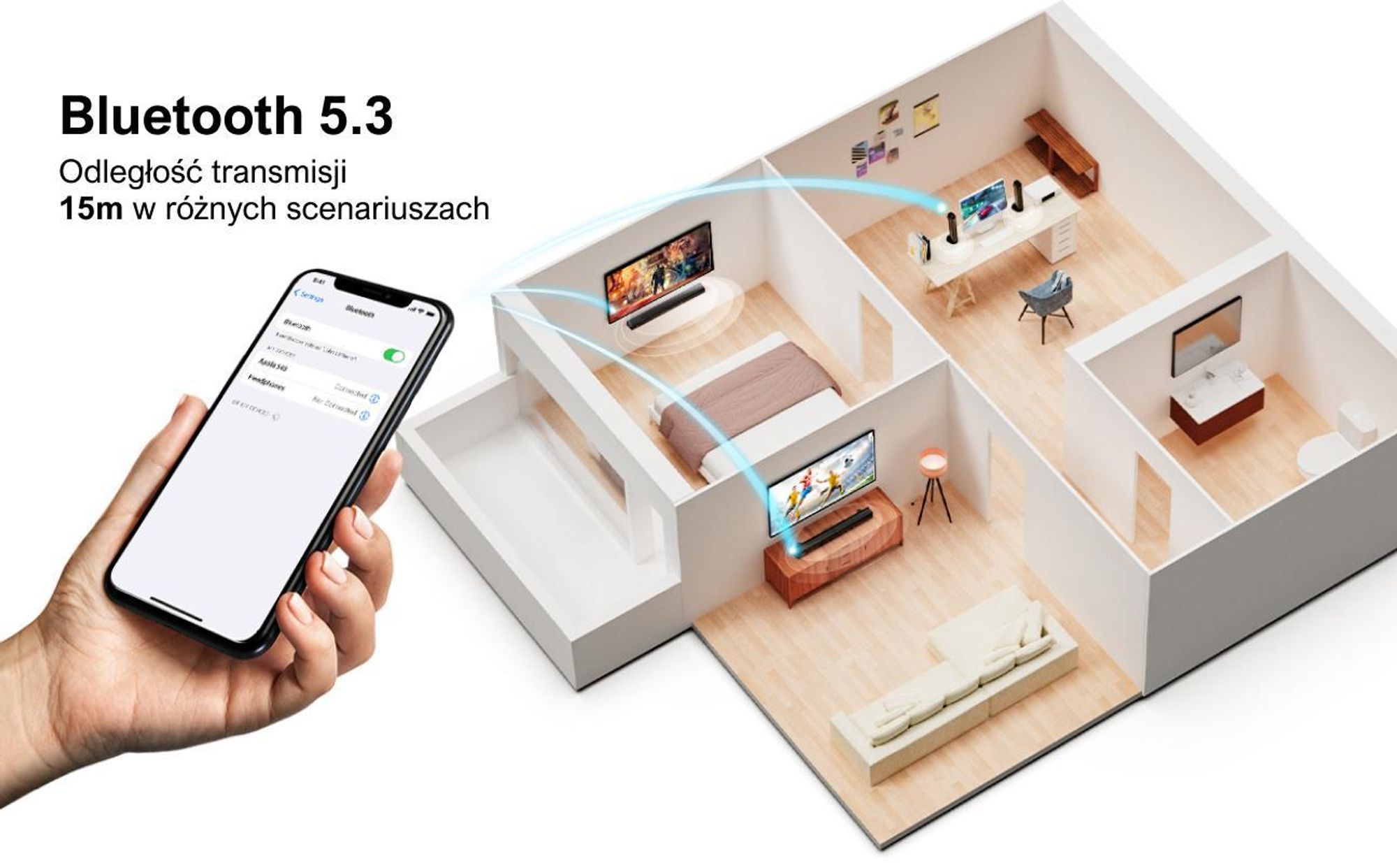Soundbar ULTIMEA do telewizorów, dzielony soundbar 2 w 1 o mocy 100 W z Bluetooth® 5.3, głośnik telewizyjny z 3 trybami korektora i regulowanym basem, ARC/optyczne/Aux