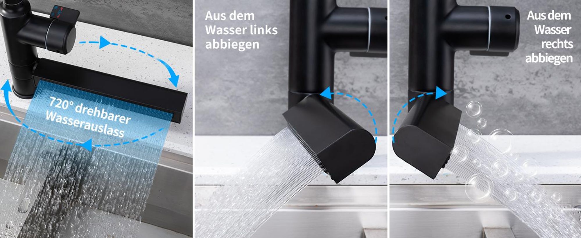 Homelody Wasserfall Küchenarmatur, Wasserhahn Küche Ausziehba 360° Drehbar, Mischbatterie Küchenarmatur mit 4 Wassersprühmodi, Edelstahl, Schwarz