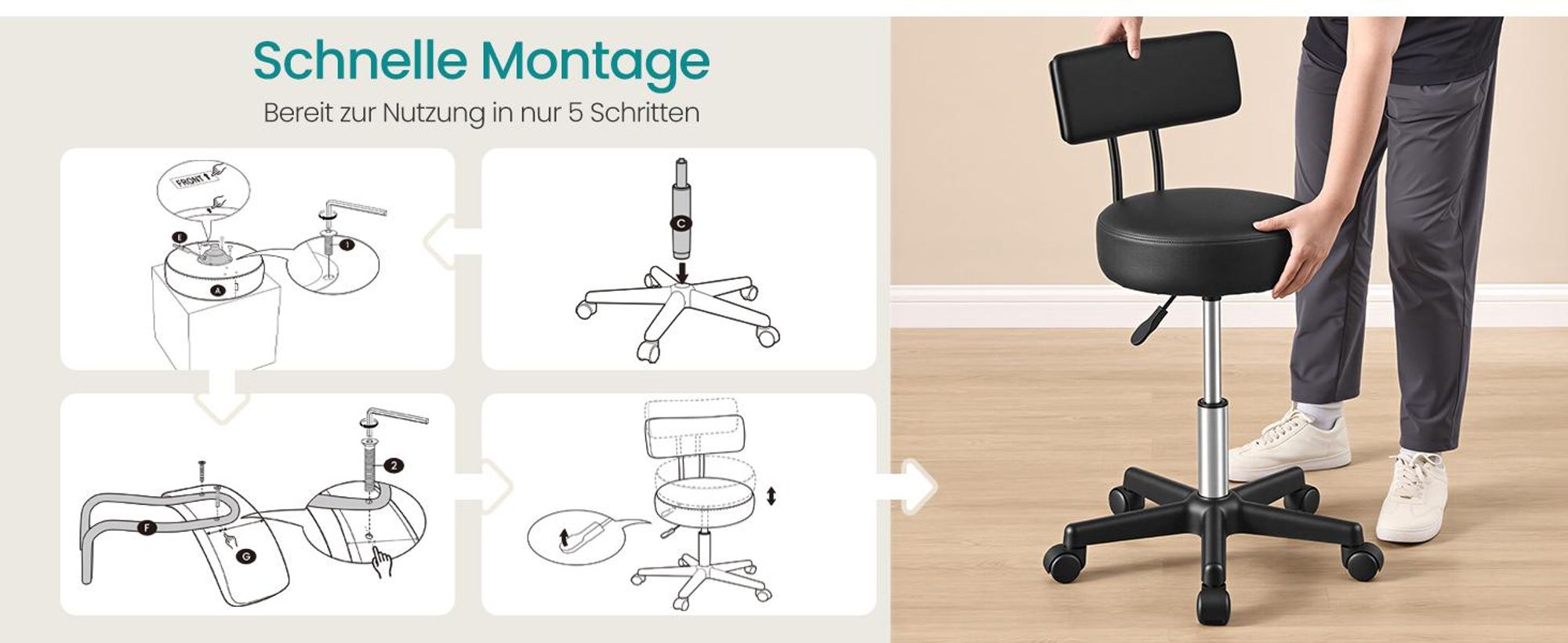SONGMICS Rollhocker, höhenverstellbar, Hocker mit Rückenlehne, Labor, belastbar bis 150 kg, PolyurethanBezug, schwarz