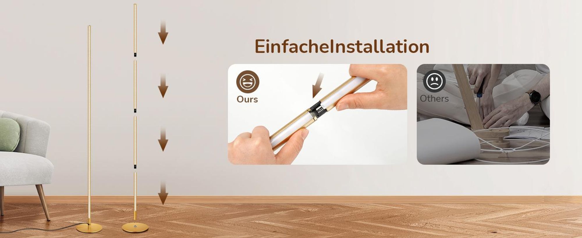 EDISHINE 2 Stück LED Stehlampe Dimmbar, 3000K warmweiße Stehleuchte mit Memory-Funktion, Gold,146 cm
