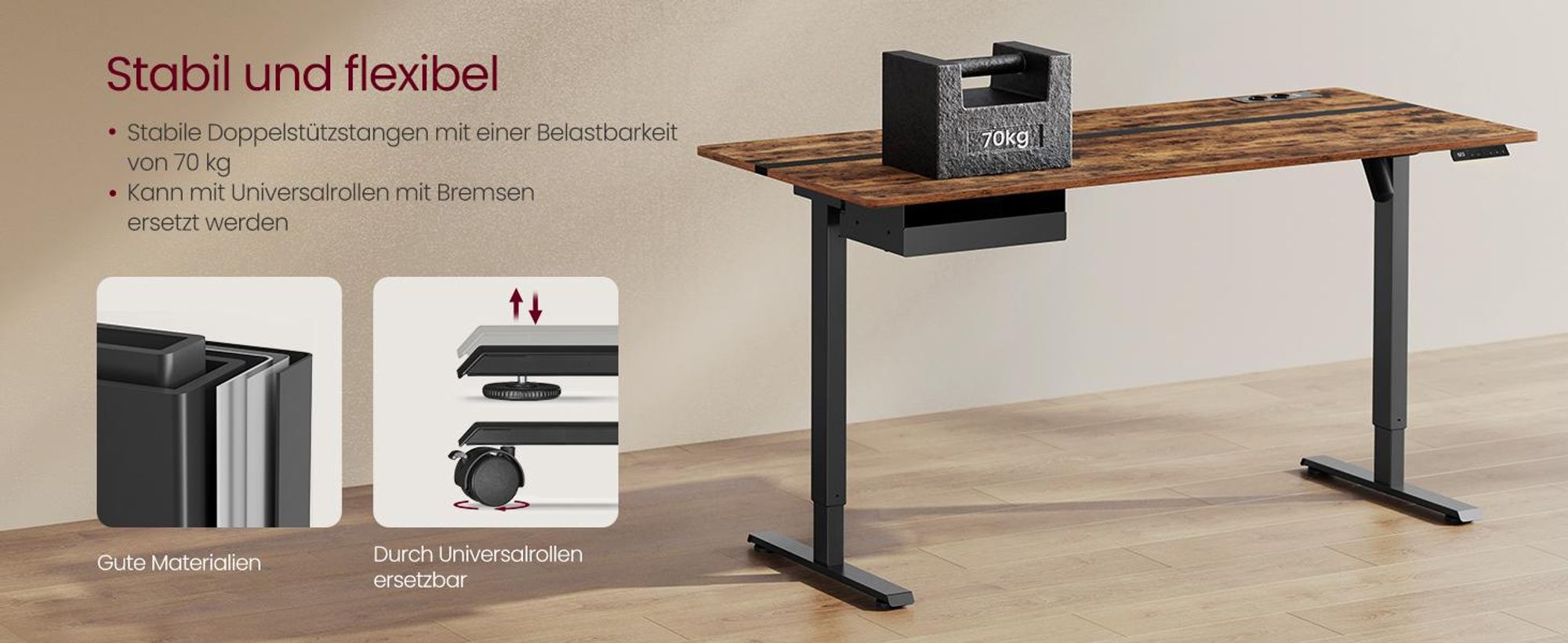 VASAGLE Höhenverstellbarer Schreibtisch elektrisch, mit Steckdose und Schublade, 60 x 140 cm Memory-Funktion, vintagebraun-schwarz