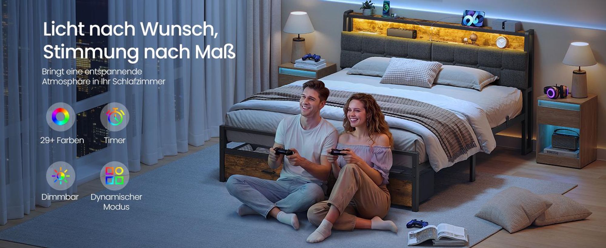 VASAGLE Bettgestell 160 x 200 cm, mit 2 Schubladen, LED-Beleuchtung, Schlafzimmer, Kopfteil, schwarz-braun