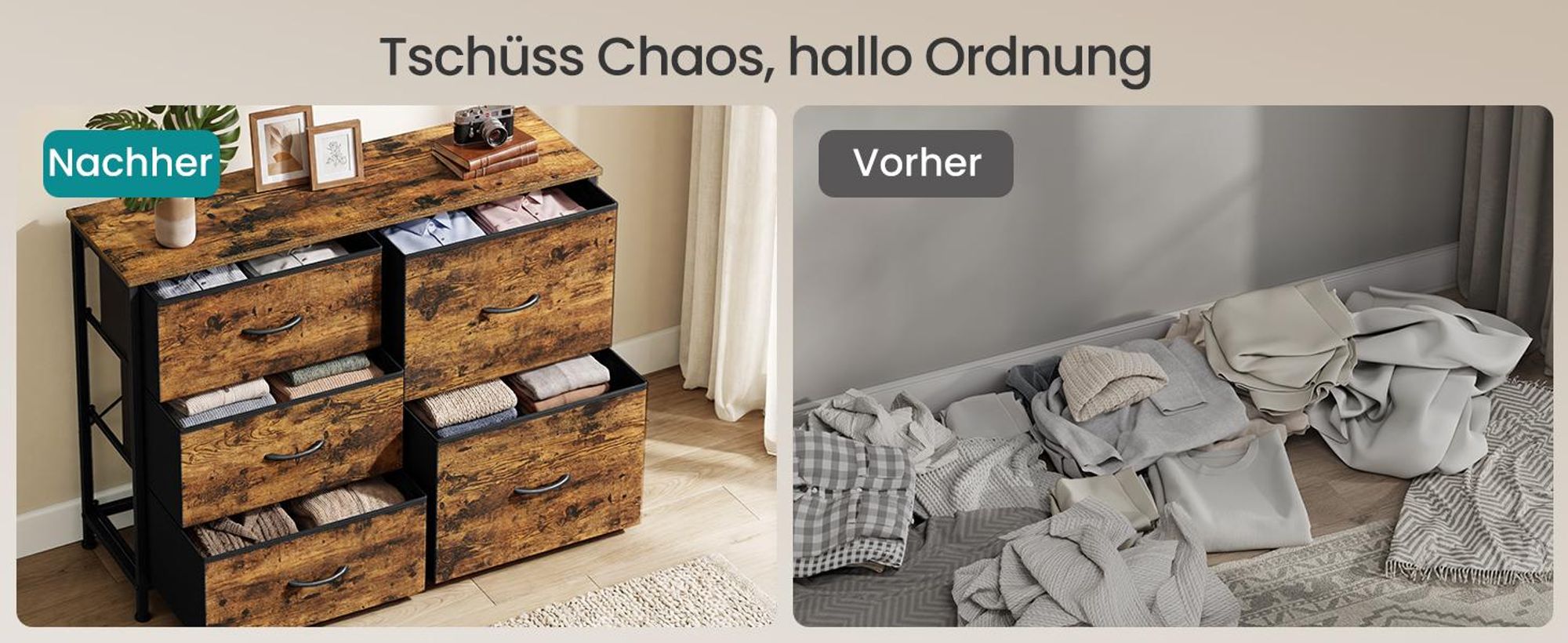 SONGMICS Kommode mit 5 Schubladen, Schubladenschrank mit Metallgestell, 98,7 x 30 x 74,7 cm, Tan