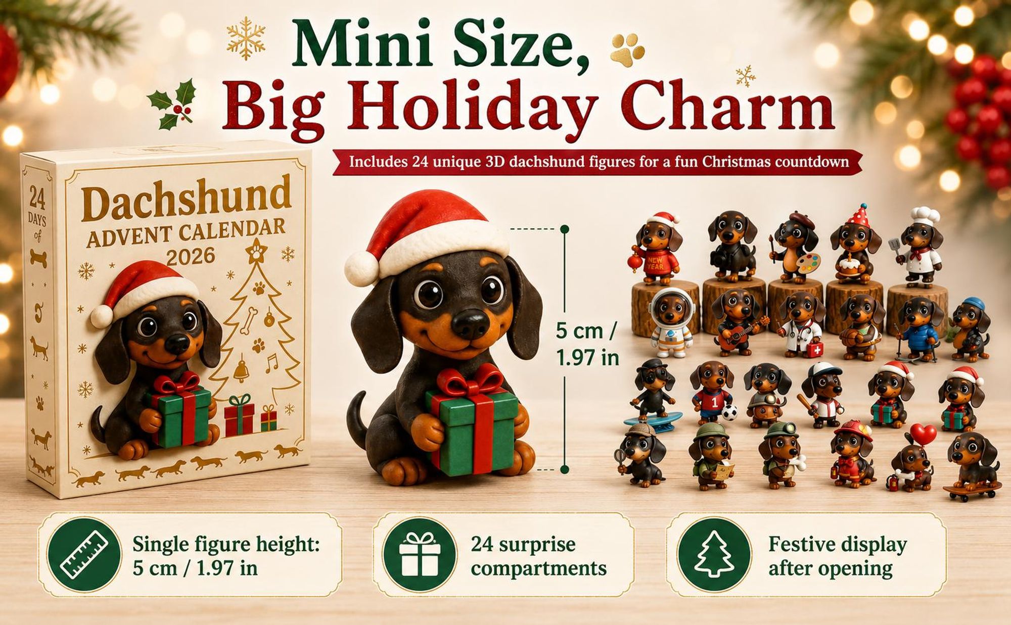 2026 Dachshund Adventskalender – 24 Tage 3D Dackel Figuren, Weihnachtsornamente & Geschenk für Hundefreunde