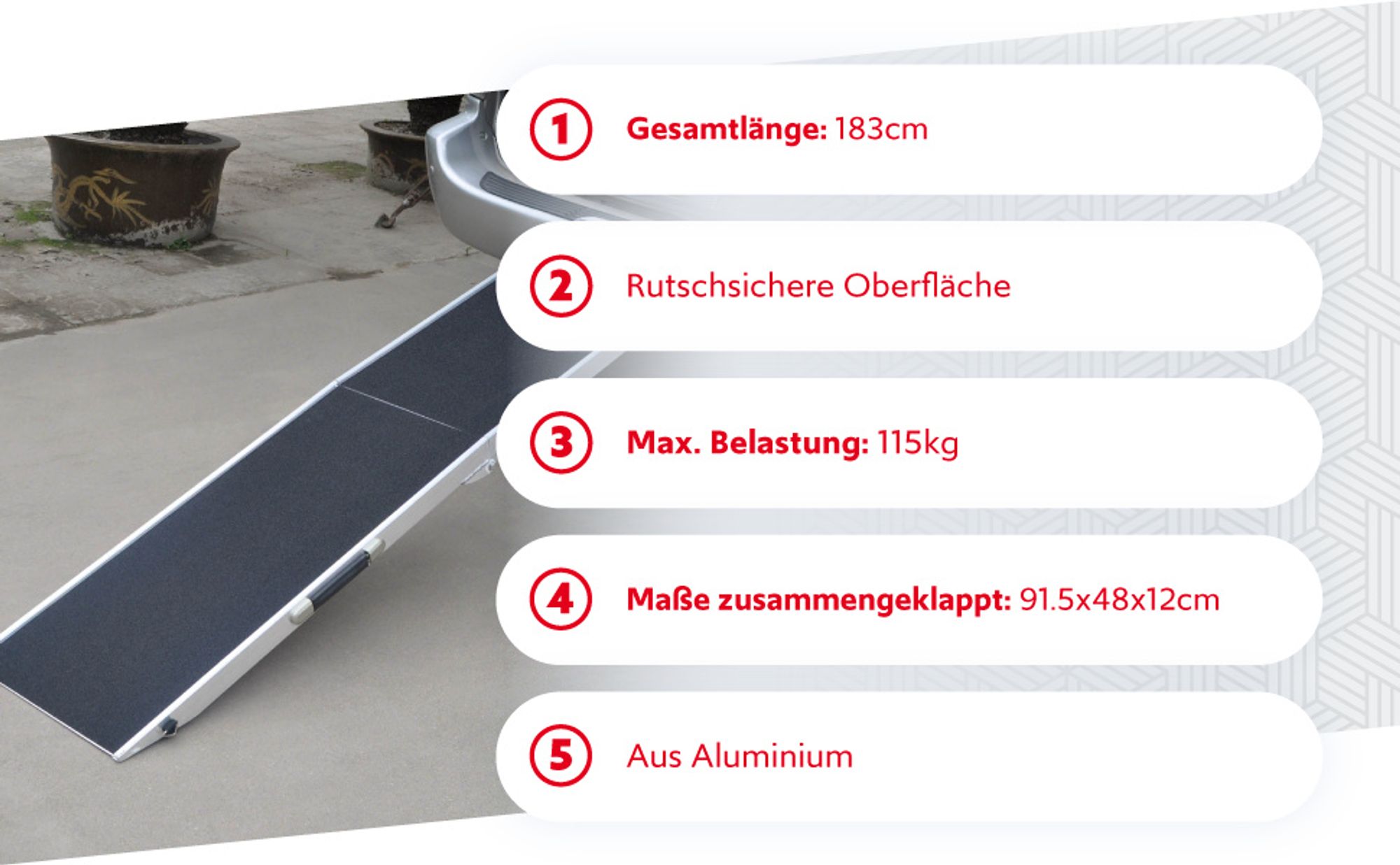 Wiltec Hunderampe faltbar, 183 x 49 cm, geklappt 92 x 49 cm, aus Aluminium, rutschsicher, Traglast bis zu 115 kg, Haustierrampe