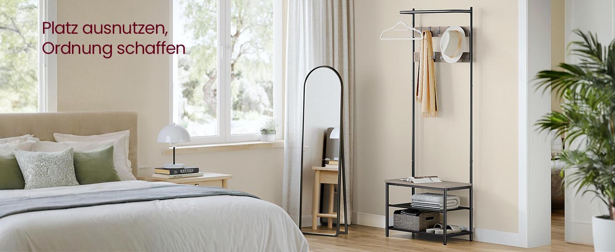 VASAGLE Kleiderständer, Garderobe, Garderobenständer, Kleiderstange mit 9 abnehmbaren Haken, Sitzbank, Industrie-Design, für Flur, Schlafzimmer, Greige-schwarz HSR411B