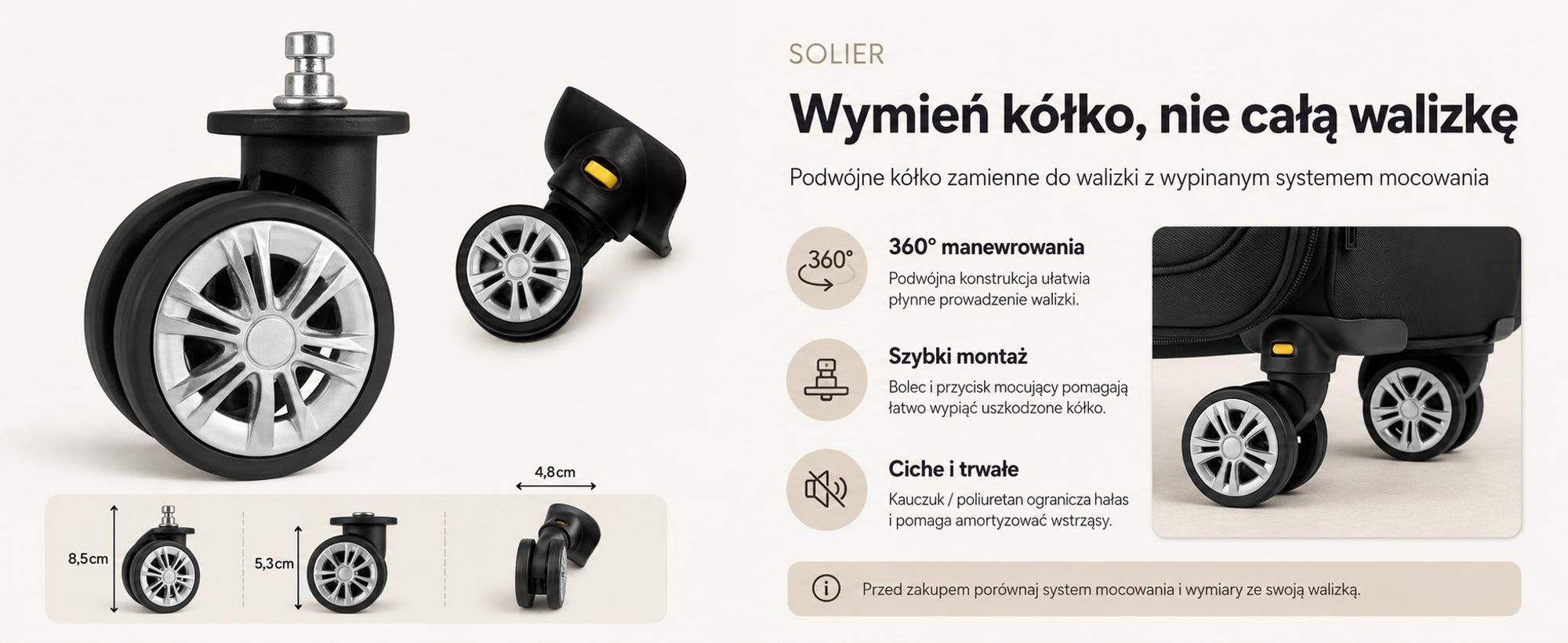 Kółko do walizki Solier część zamienna do bagażu podwójne