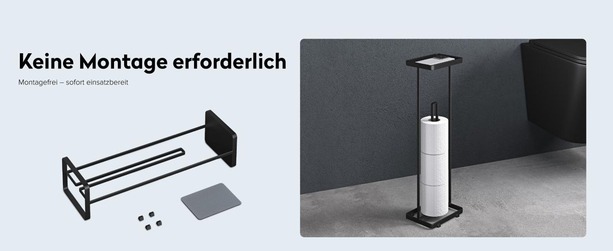 doporro Toilettenpapierhalter Stehend Klopapierhalter mit Oberem Ablagefach und Aufbewahrung für 4 Rollen Toilettenpapierständer Matt schwarz Reglo-04
