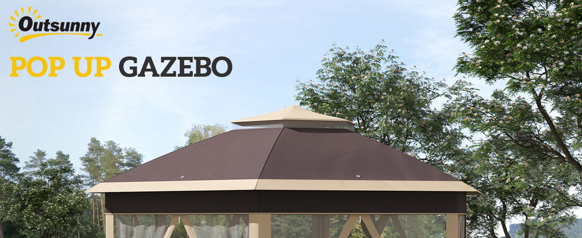 Outsunny Gartenpavillon Faltpavillon 4 x 4 m Pop-Up-Zelt Partyzelt inkl. Tragetasche 6 Seitenteile Doppeldach sechseckig Beige+Khaki
