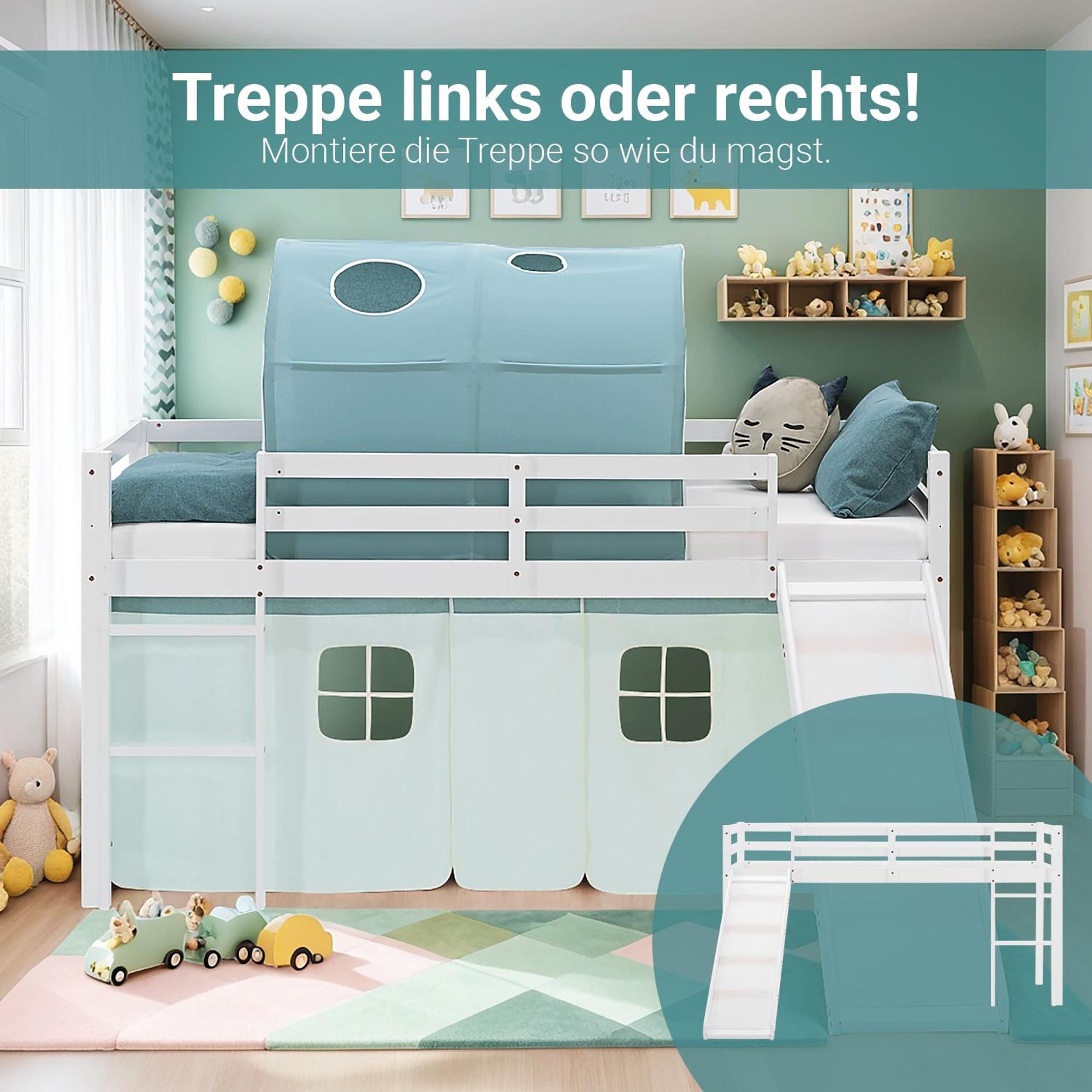 Die Rutsche vom Bett ist links oder rechts montierbar.