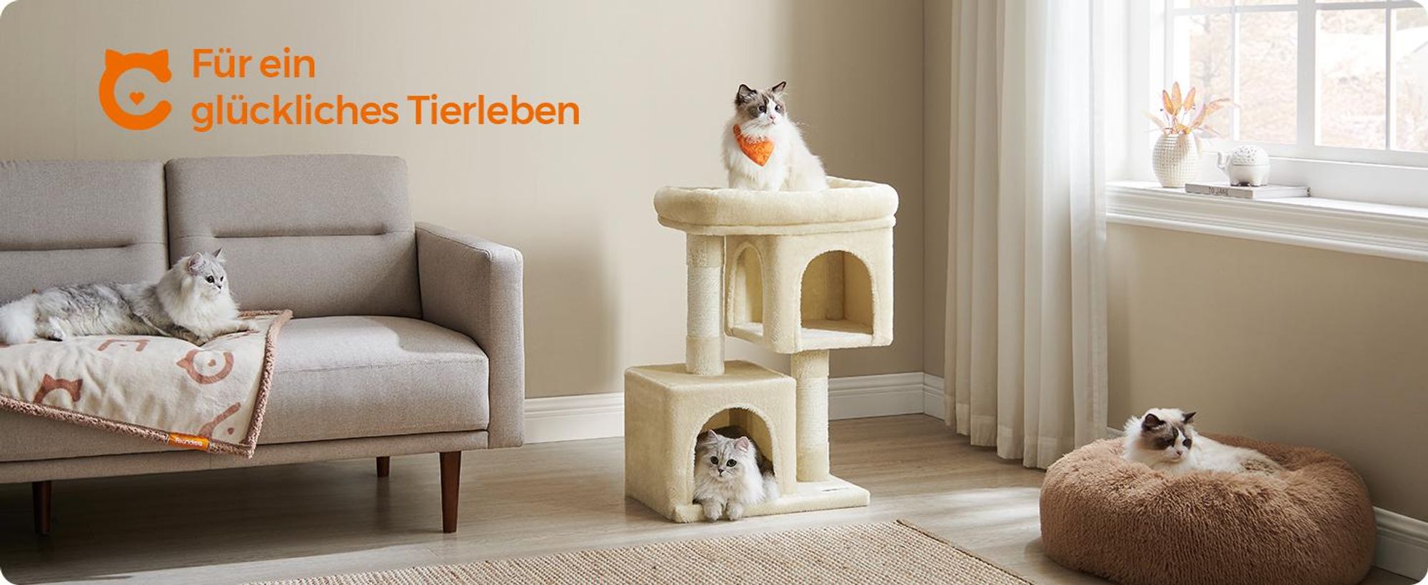 Feandrea Kratzbaum, 74 cm Katzenbaum, M, Katzenhaus für mittelgroße Katzen bis zu 5 kg, große Plattform, 2 Katzenhöhlen, Sisalstämme, beige PCT612M01
