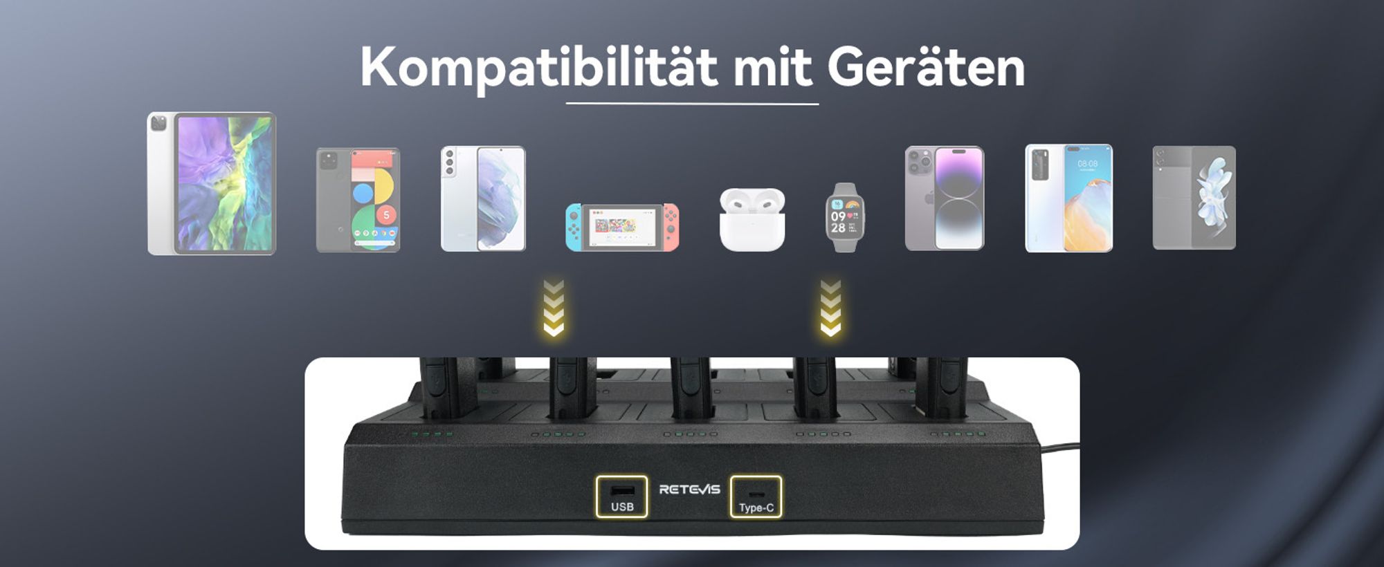 Retevis RT668B Funkgeräte für Erwachsene, Wiederaufladbare Walkie Talkie mit Kopfhörern, mit 10-Wege-Ladegerät, Notfallalarm, für Schule, Restaurant