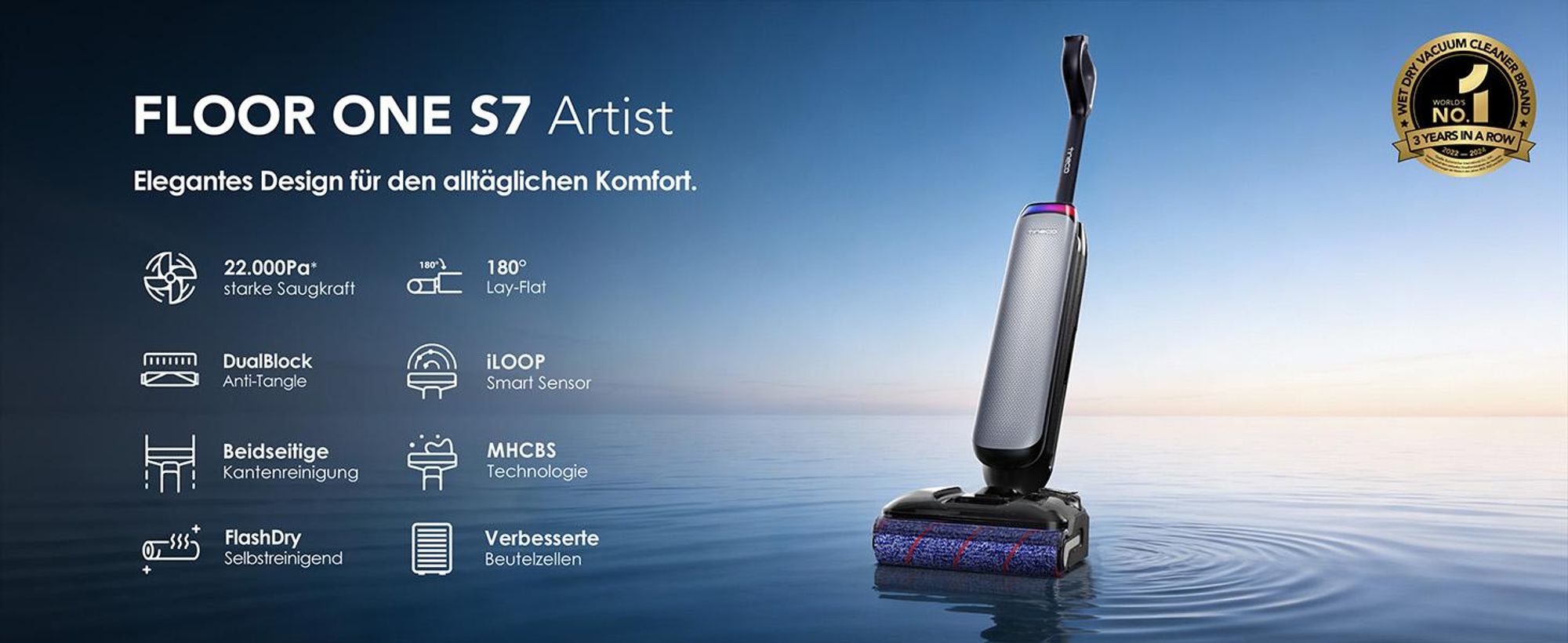 Tineco Floor One S7 Artist Nass-Trockensauger, 22 kPa Saugleistung, iLoop, Anti-Tangle, 85 °C Flashdry, 50 Min Laufzeit, Beidseitige Reinigung