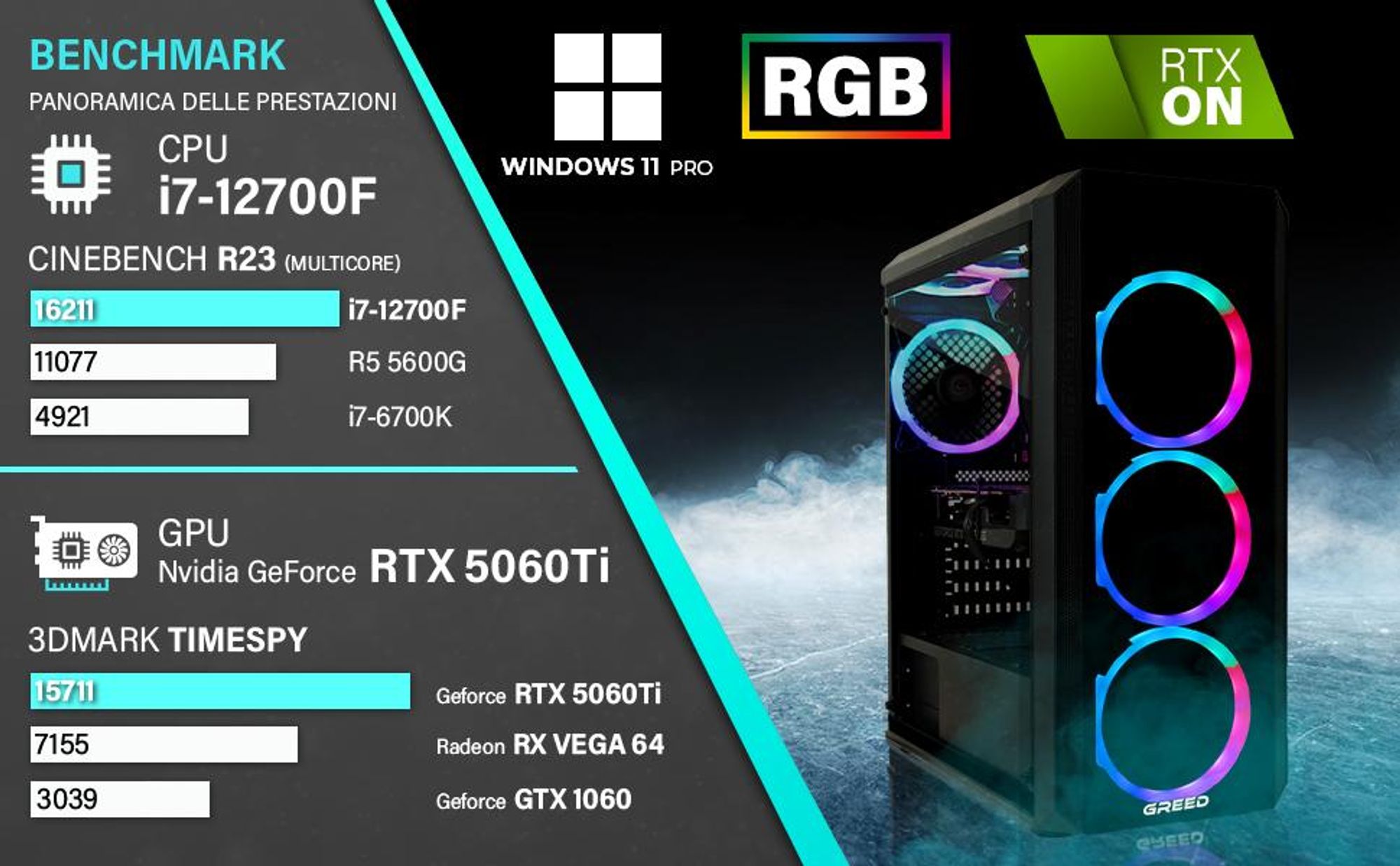 Greed®MK2 Power - PC Gaming - Intel i7 12700F - AMD Radeon RX 9070 16 GB - 4K - Computer con 4,9 GHz - 32 GB DDR4 - SSD 1 TB - WiFi - Windows 11 Pro