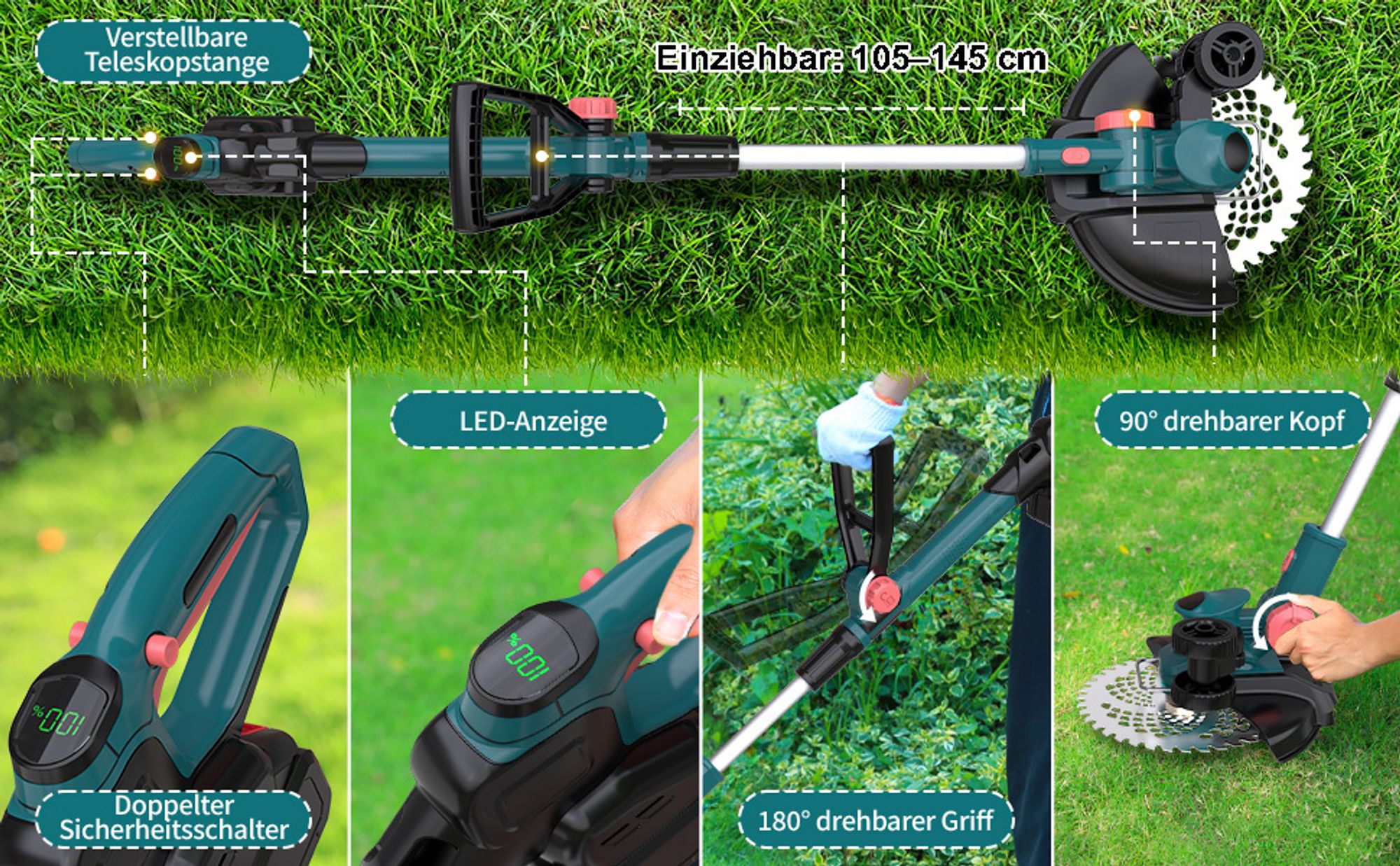 750W Akku Rasentrimmer mit 2× 4000mAh Akkus 21V, 5 Klingentypen Bürstenloser Motor Rasentrimmer, Freischneider mit Unkrautbürste, Drahtbürste – Blau