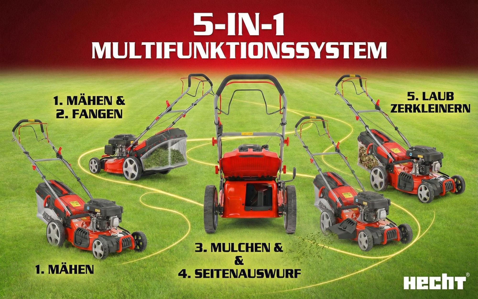 HECHT Rasenmäher Benzin mit Antrieb 547 SXW | 5in1 | 46 cm Schnittbreite | 5,5 PS | Mulchkit | 55 L Fangkorb
