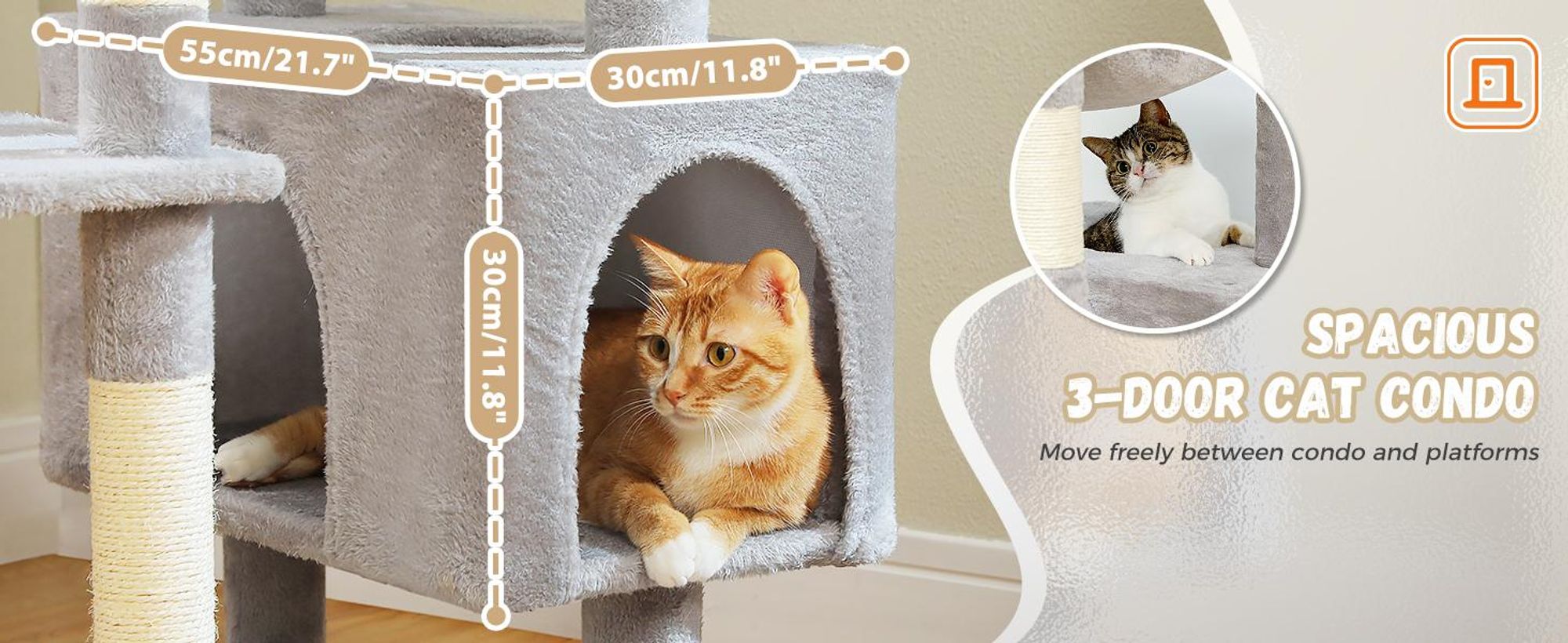 PURPURRA Robuster Kratzbaum für große Katzen, 200 cm hoher Katzenturm mit 2 Sitzstangen, 2 Höhlen und geräumiger Hängematte, XL extra große Höhle