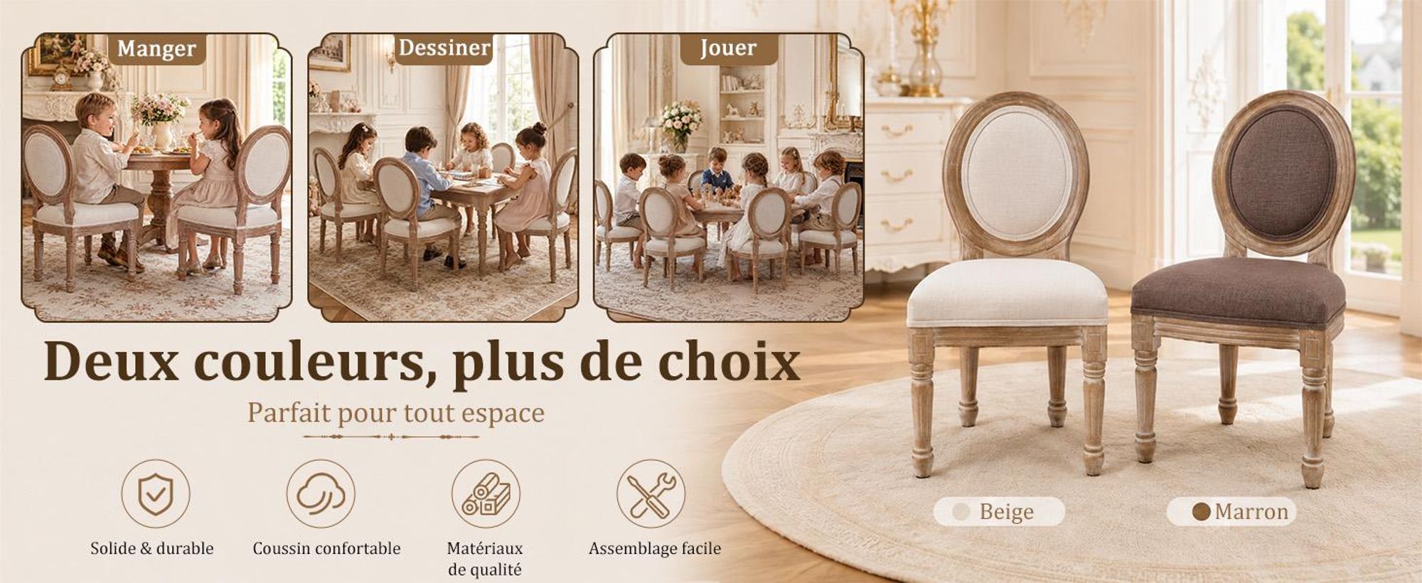 2 Chaises Enfant Bois, Assise Rembourrée, Beige, Dès 3 Ans Chaise de bureau enfant de style vintage français, chaise médaillon, design ergonomique