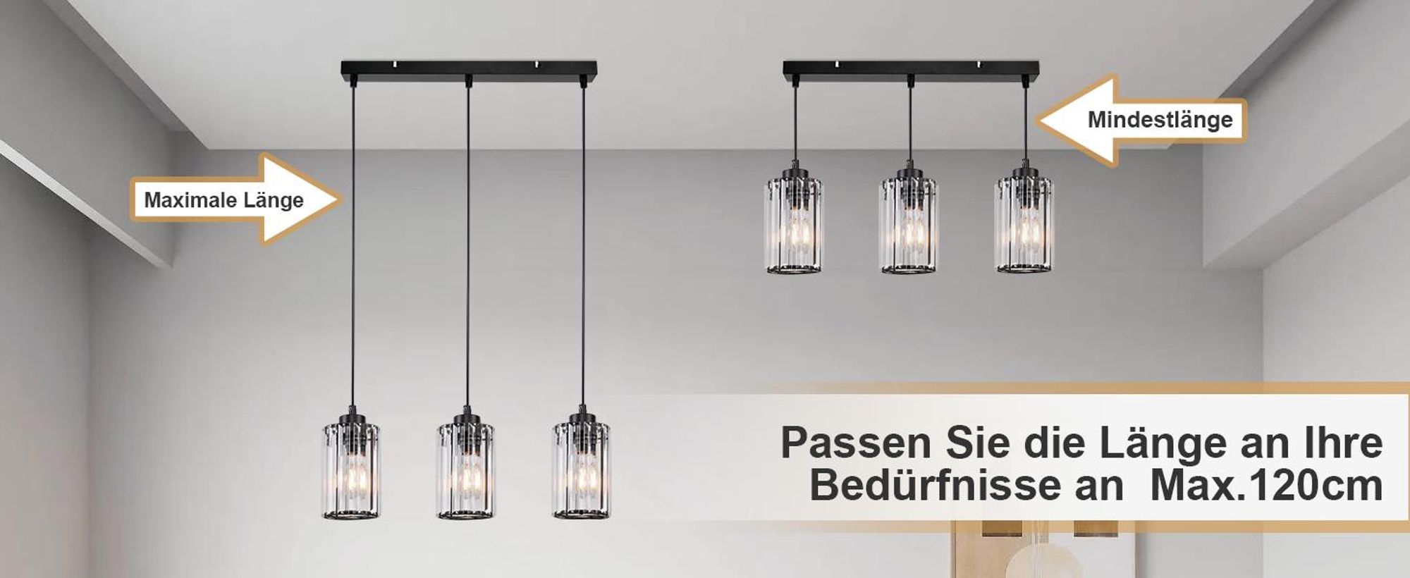 ZMH Hanglamp eettafel 3-lichts zwart kristal E27 fitting hoogteverstelbaar moderne pendellamp eetkamerlamp woonkamer slaapkamer keuken