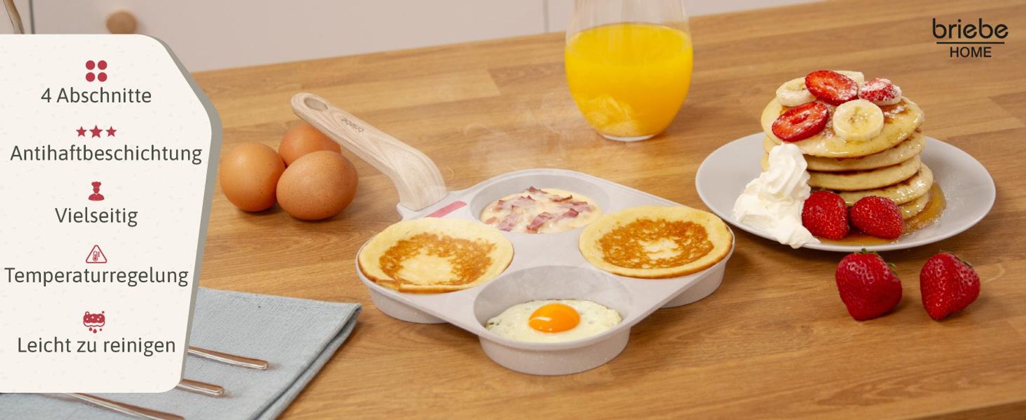 Briebe FPE1176 Spiegeleipfanne Induktion Pancake Pfanne, Glasdeckel, Antihaftbeschichtet Creme