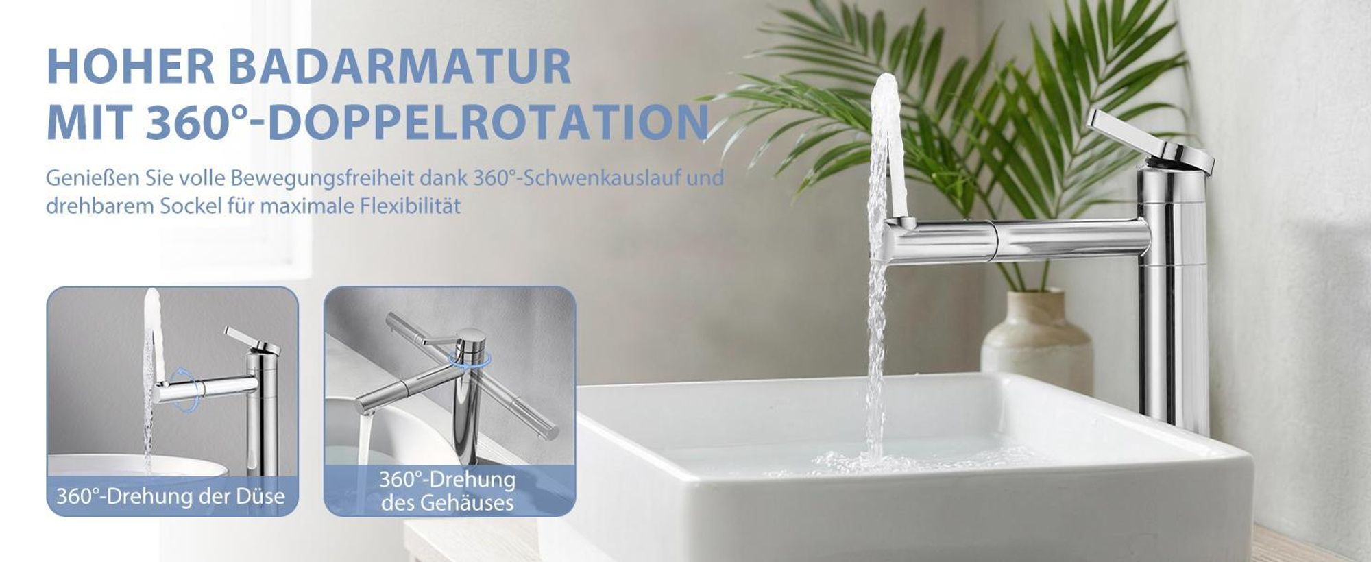 Homelody 2*Wasserhahn Bad hoch 360° drehbar Waschtischarmatur Mischbatterie Badarmatur für Bad, Waschbecken Armatur Chrom