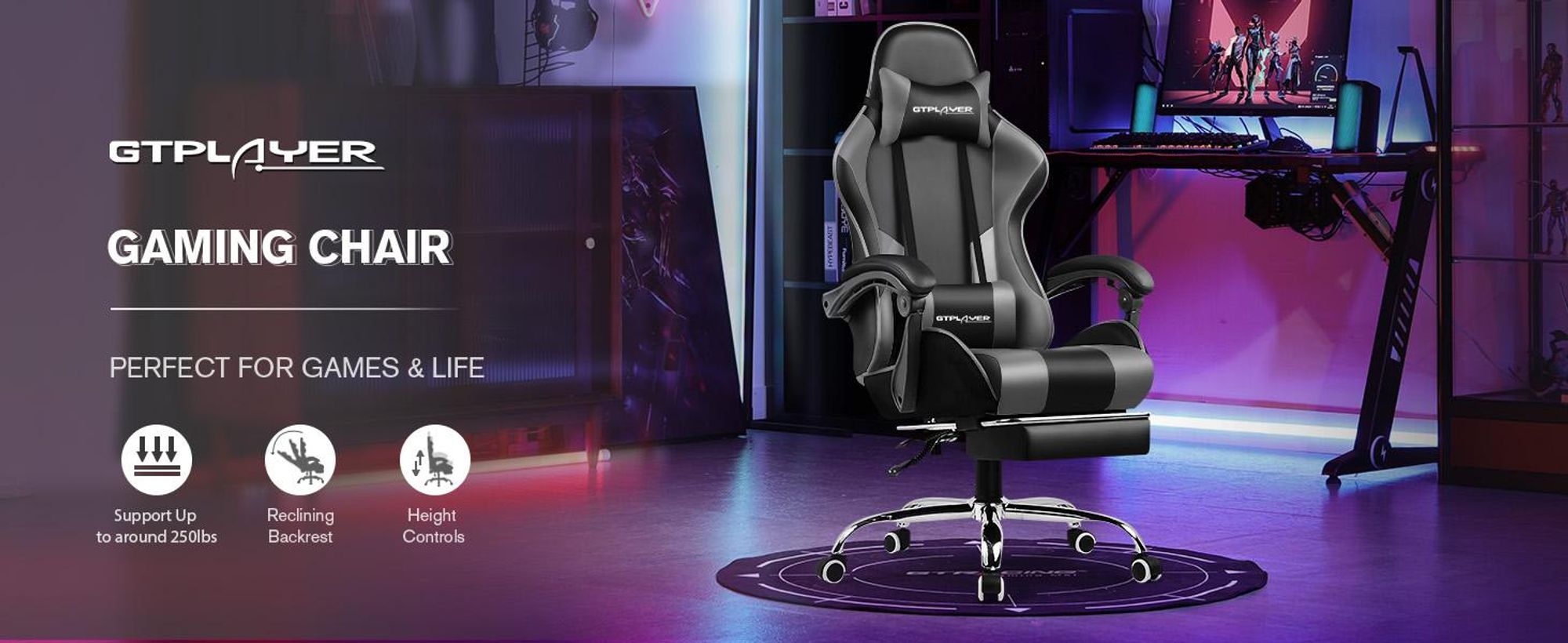 GTPLAYER Herní židle s podnožkou a masážním bederním polštářem Kancelářská židle pro hráče Ergonomická herní židle s připojitelnými područkami s nosností až 150 kg šedá