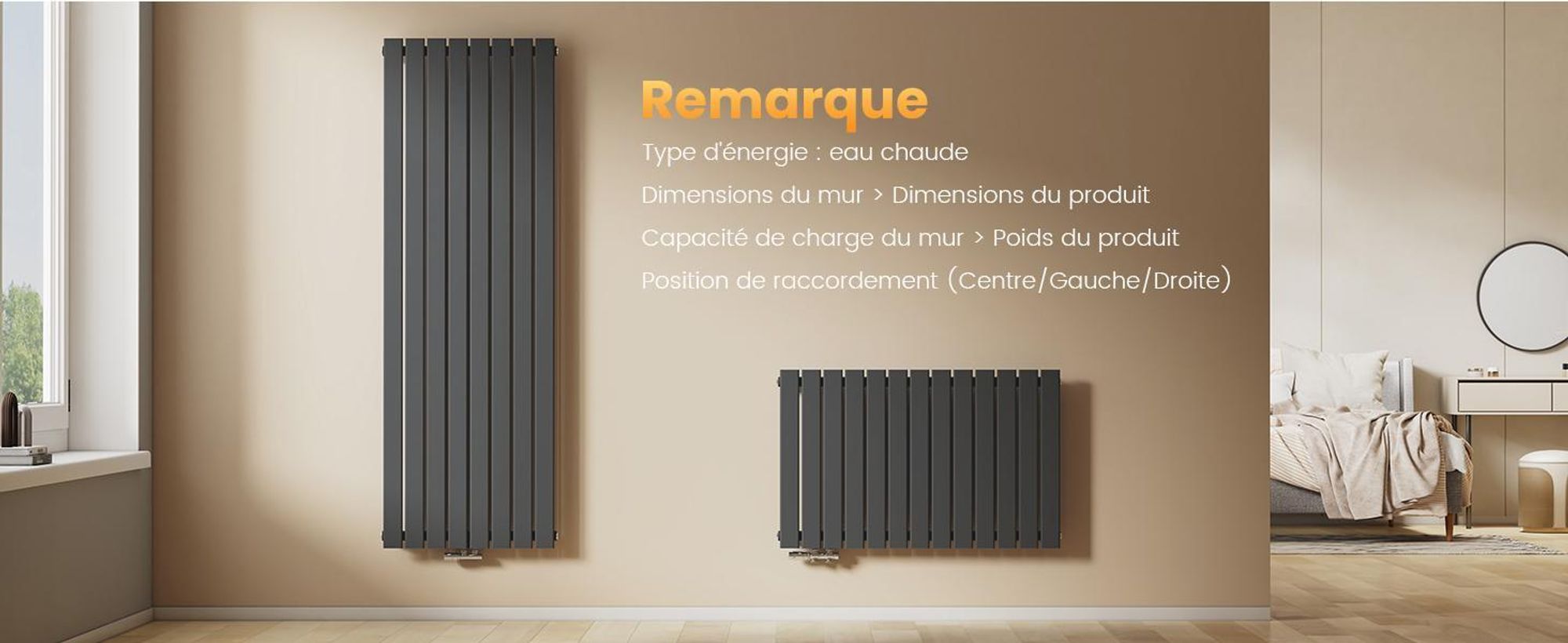 EMKE radiateur horizontal design panneau 630×1000 mm, anthracite plat simple, raccord latéral, 730 W, sans élément chauffant sans thermoplongeur