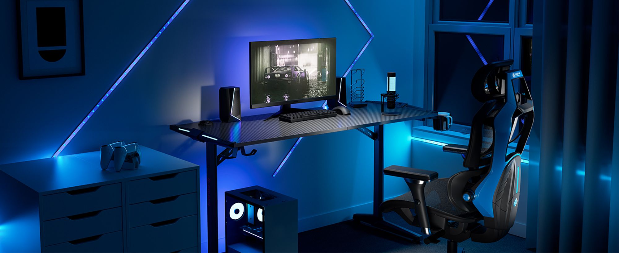 EUREKA ERGONOMIC Gaming Tisch mit LED Computertisch 140×60cm Schreibtisch Gamingtisch mit Getränkehalter und Kopfhörerhalter