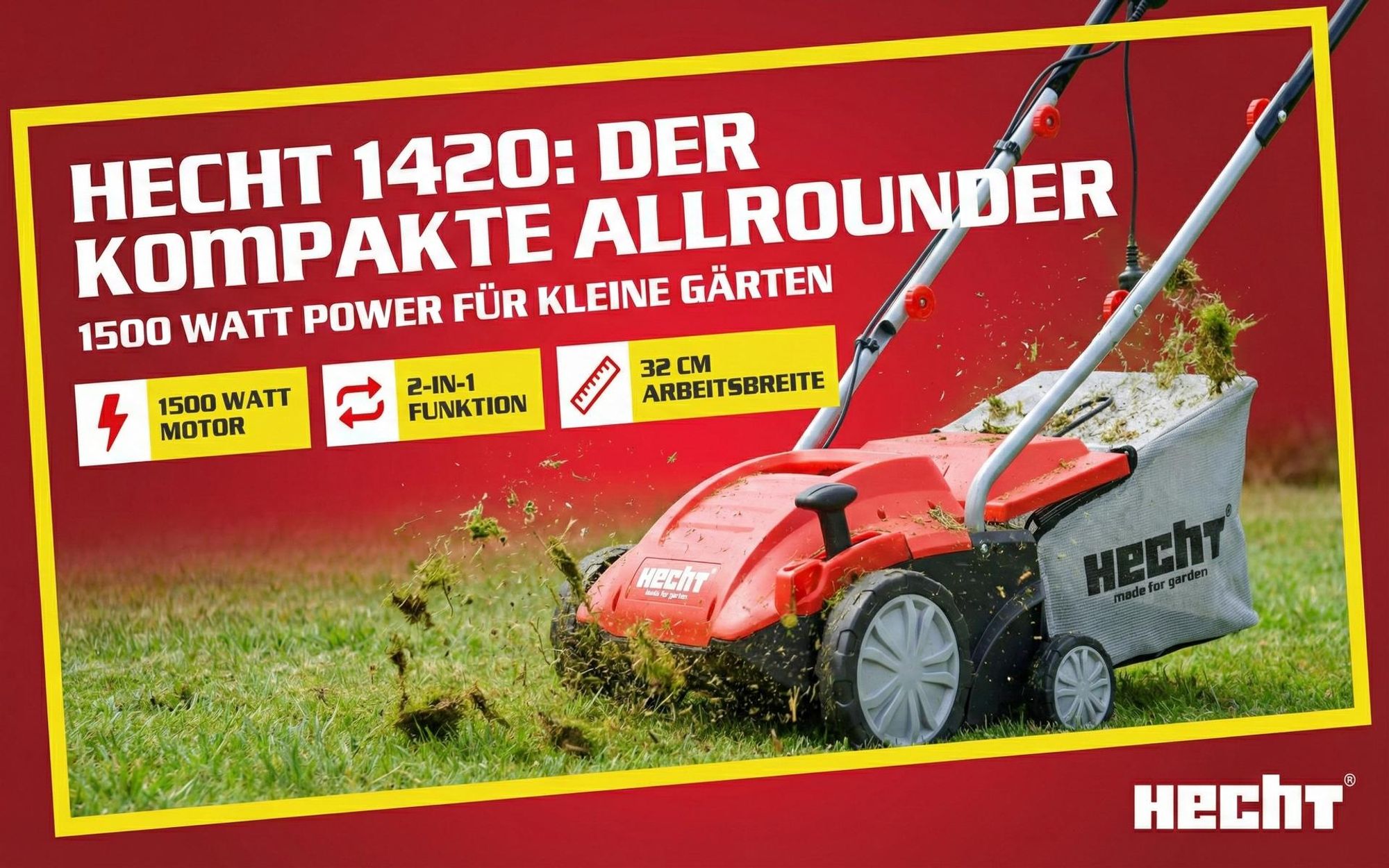 HECHT 1420 Vertikutierer Elektro | 2in1 Rasenlüfter | 32 cm Arbeitsbreite | 1500W | 35L Fangkorb | 16 Messer