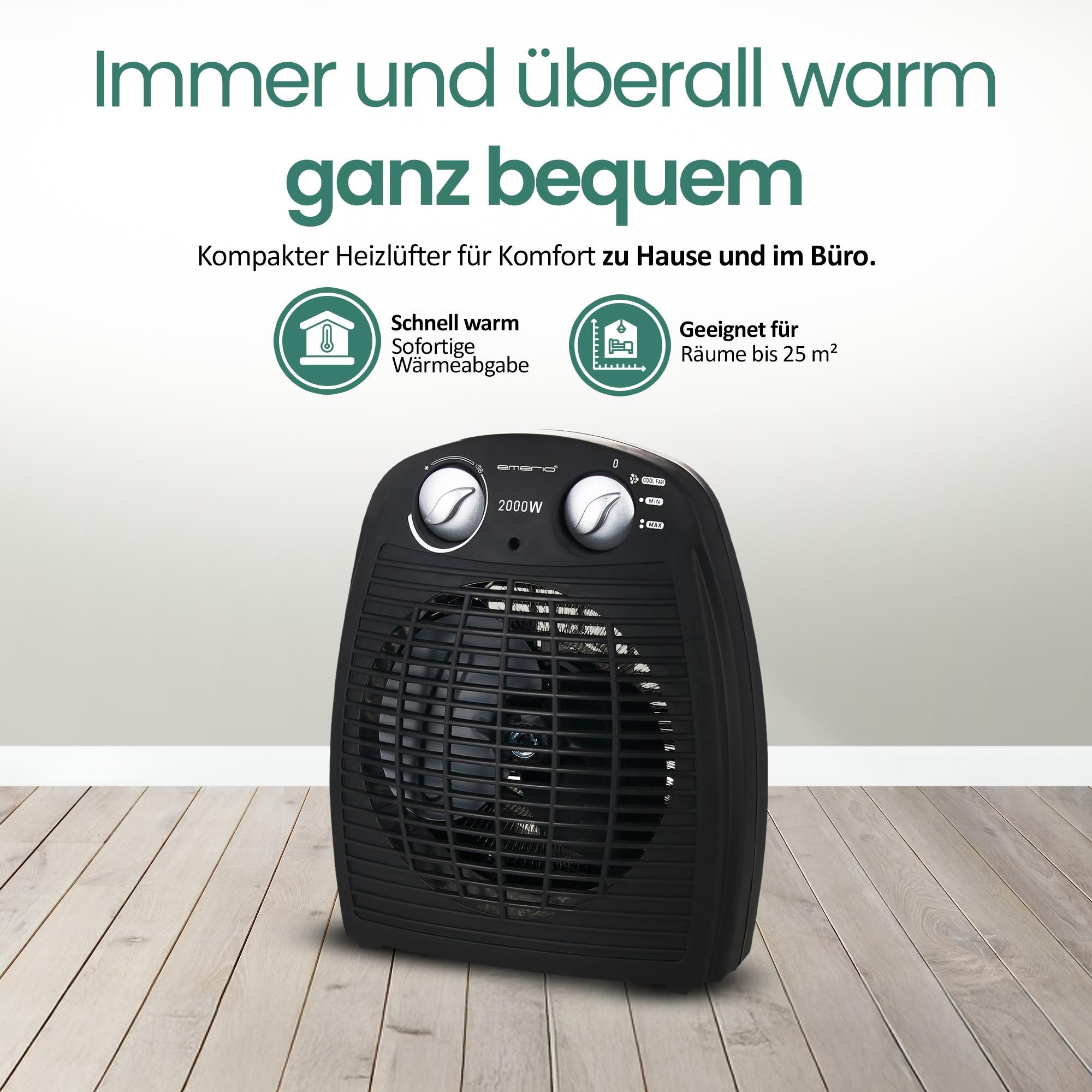 Emerio Heizlüfter FH-106737.2 – 25m² – 2 Heizstufen – Ventilationsfunktion – einstellbarer Thermostat – Kontrollleuchte – Kippschutz – Schwarz - 2000W