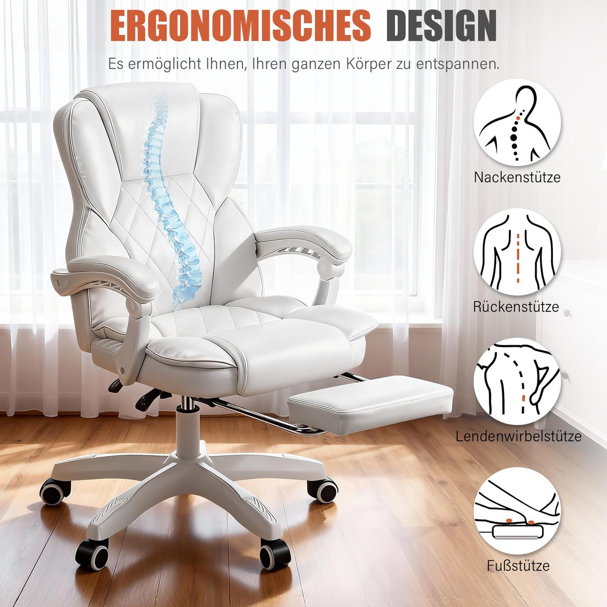 OYAJIA Gaming Stuhl Bürostuhl Ergonomisch,mit Fußstütze, 155° neigbar Drehstuhl aus Kunstleder, Belastbarkeit bis 150 kg, Schreibstuhl Höhenverstellbar