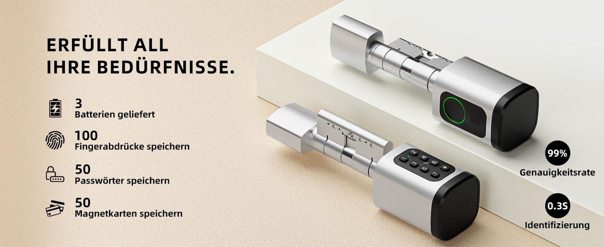 Elektronisches Türschloss mit Fingerabdruck, Schließzylinder verstellbar 60-90mm, Öffnen per PIN-Code, RFID-Karte, Notschlüssel & Tuya App