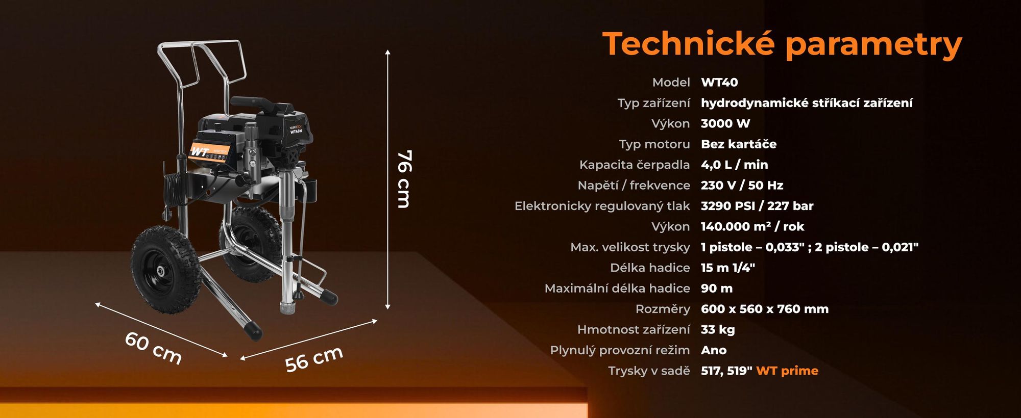 Stříkací zařízení WABROTECH WT40H Airless 3000W / 4 l/min s transportními koly, stříkací stroj