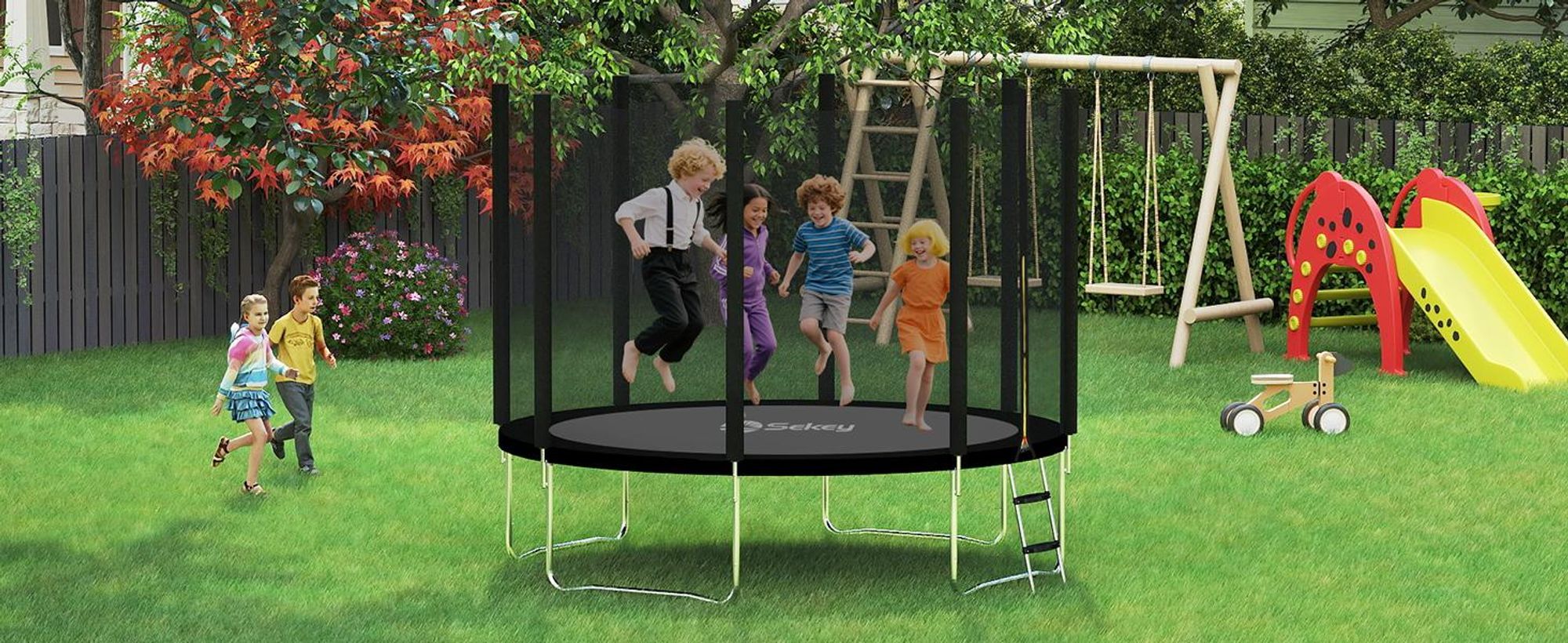Sekey 366 cm Gartentrampolin mit Sicherheitsnetz und Leiter, Kindertrampolin für Jump Fitness Outdoor Trampolin, Schwarz