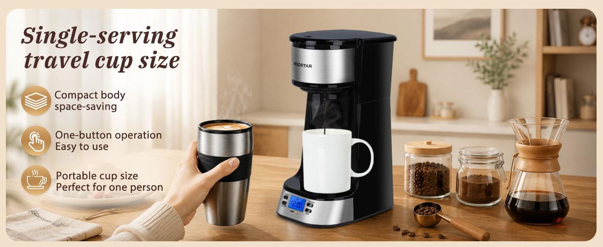 Aigostar - 420 ml Filterkaffeemaschine Mit 24h-Timer, Kaffeemaschine mit Thermobecher, , LCD-Anzeige