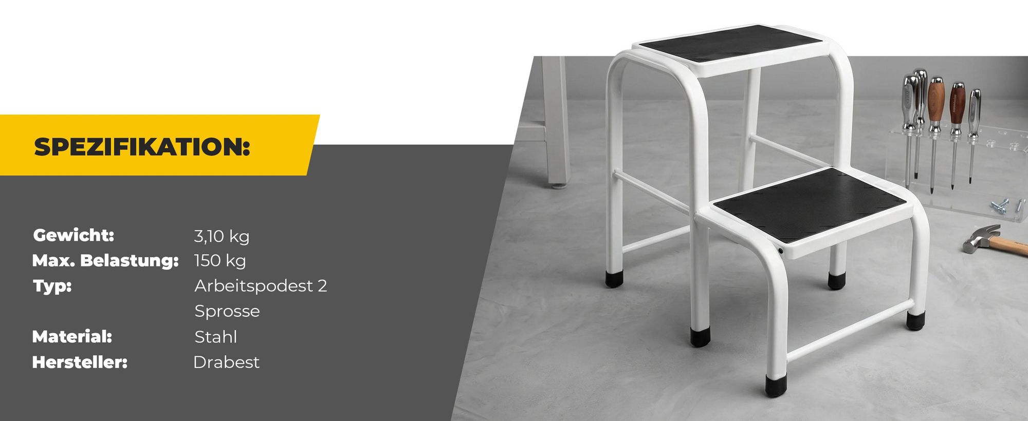 Drabest | Stahlhocker - 2 Stufen - Stabil Und Robust - Rutschfeste Füße - Tragfähigkeit 150 kg - Für Haushalt Büro Und Reparaturen