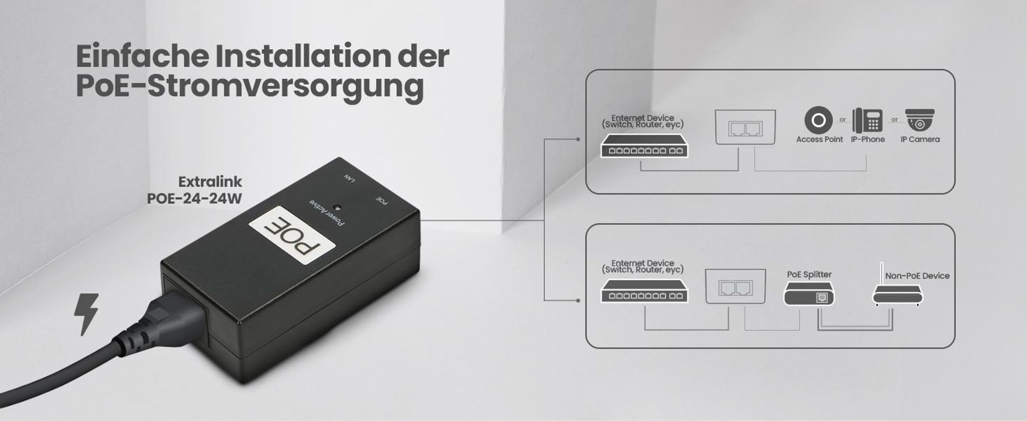 Extralink PoE Injector 24V 1A 24W mit Kabel Netzteil