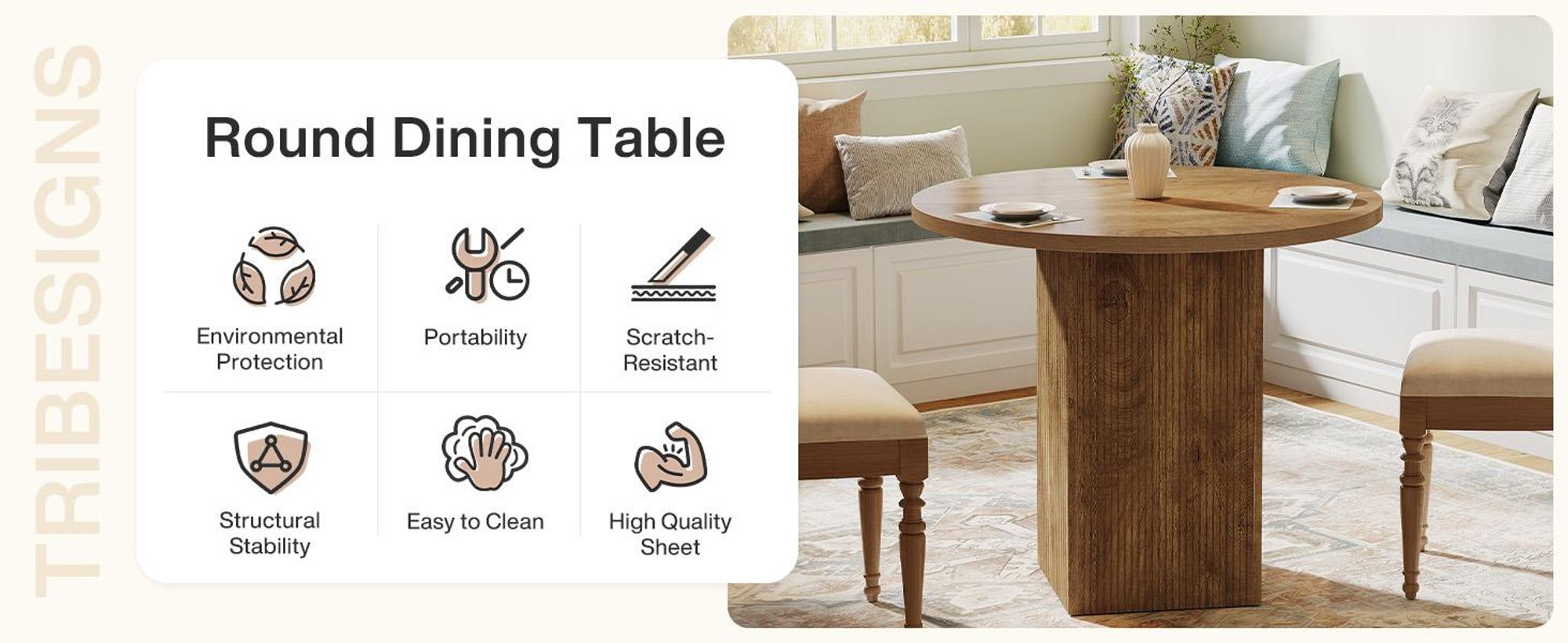 Tribesigns Kleiner runder Esstisch für 2 Personen, 80 cm Durchmesser, Küchentisch Esszimmertisch mit geriffeltem Holzfuß für kleine Räume, braun