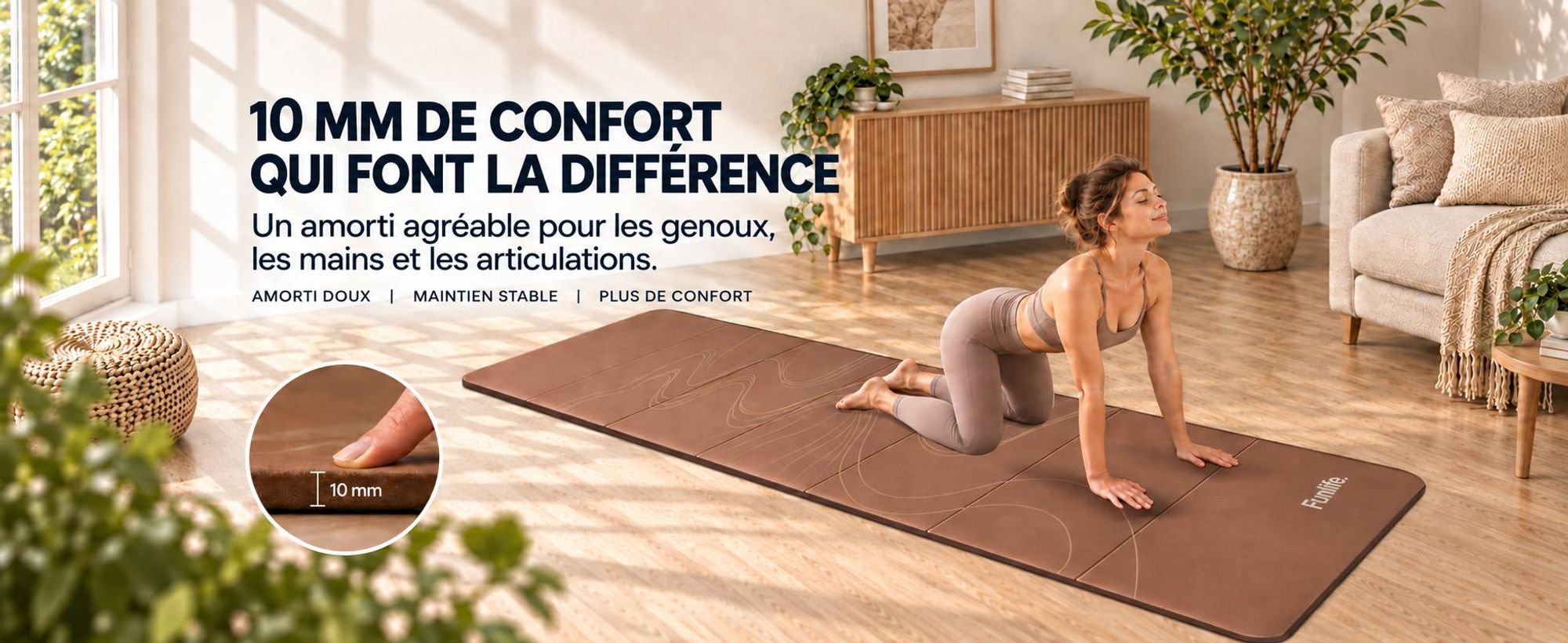 FunLife, tapis de yoga pliable XXL, 190 x 66 cm – épaisseur de 10 mm, tapis de fitness et de gymnastique antidérapant pour le yoga, le Pilates, les exercices à domicile et les activités en extérieur