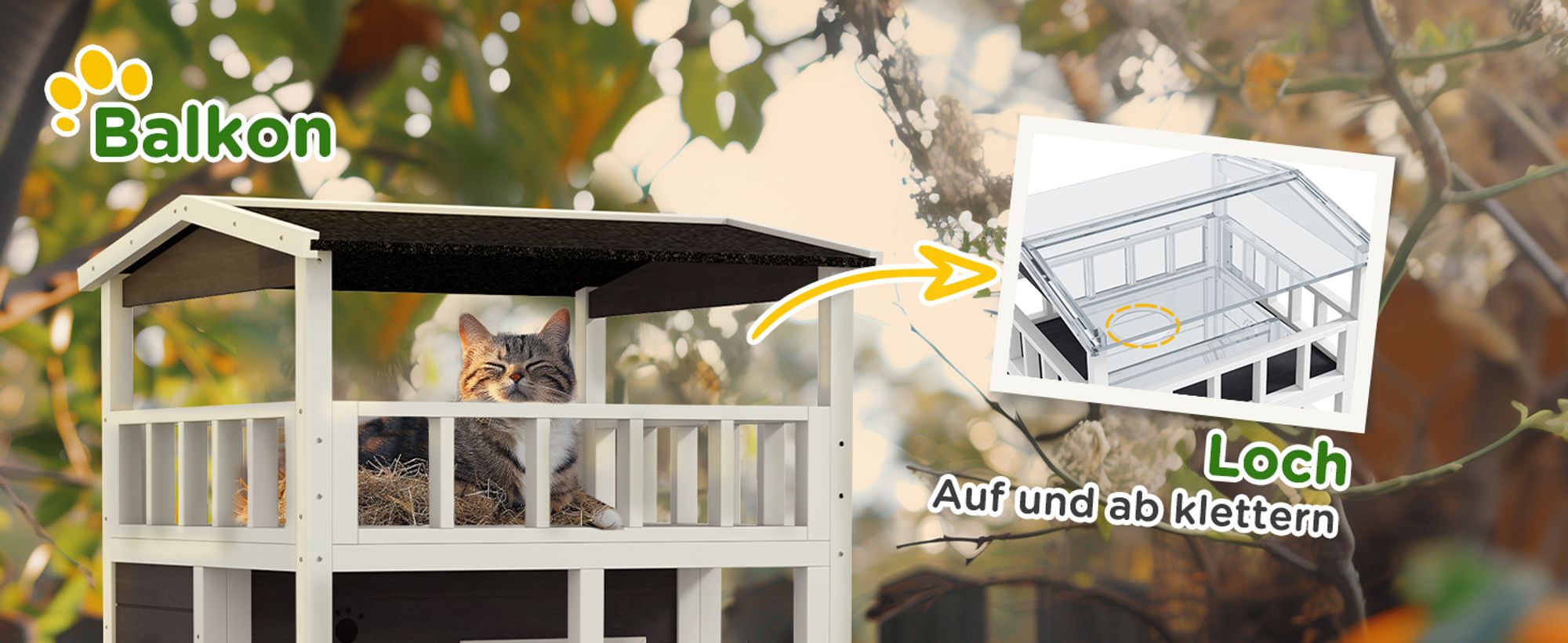 PawHut Katzenhaus,4 Etagen, Katzenvilla,  Katzenhütte für draußen, Tannenholz