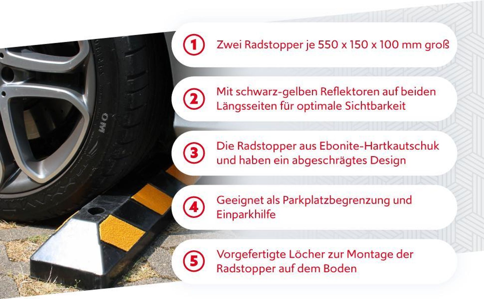 Wiltec 2x Radstopper mit Reflektoren 550 x 150 x 100 mm, Parkplatzbegrenzung aus Ebonite-Hartkautschuk, Einparkhilfe zur Bodenmontage, Überfahrschutz