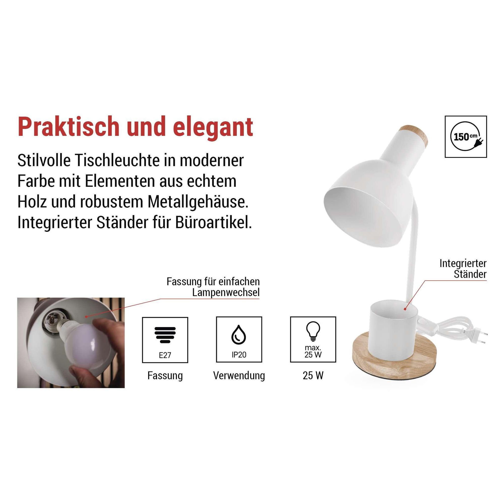 EMOS LED Tischlampe POPPY mit Stift-Halter, E27 Gewinde, Netzkabel 1,5m mit Schalter und Eurostecker, ohne Lichtquelle, E27 max. 25W, Weiß, Z7640W