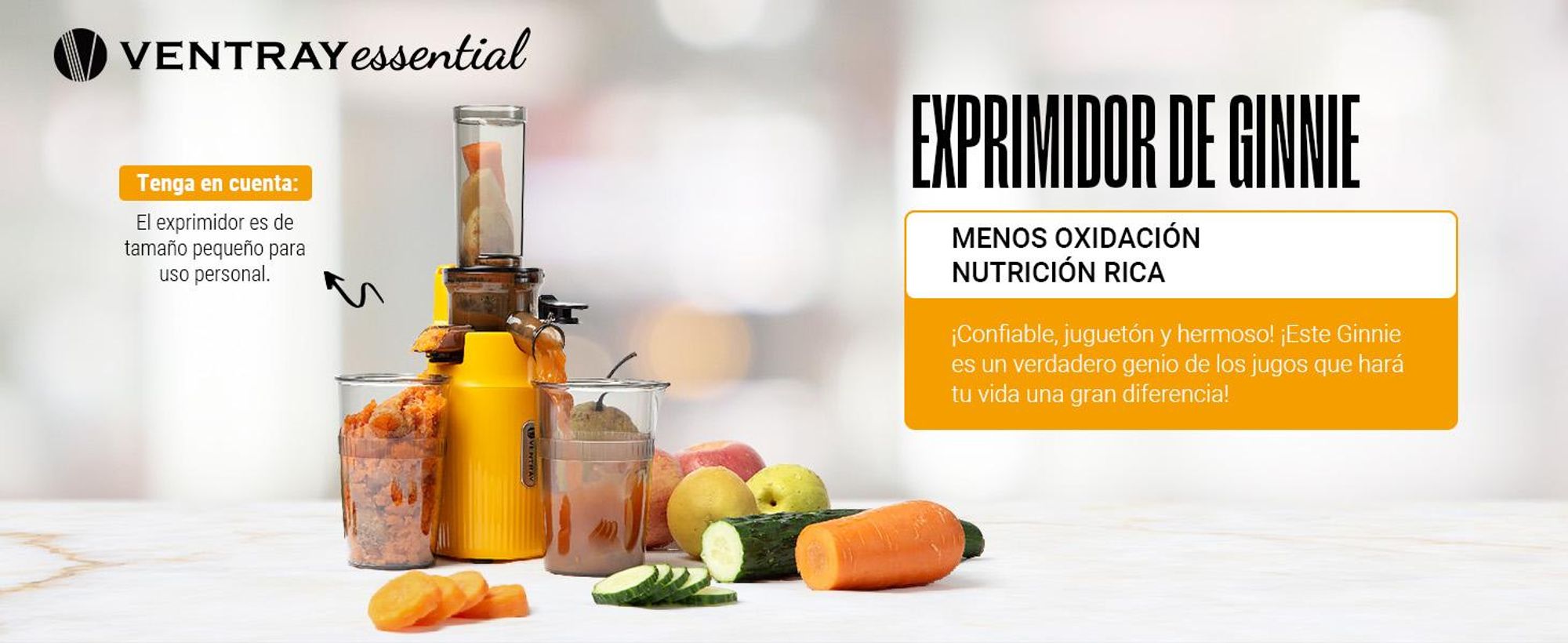 Ventray Ginnie Licuadora Prensado Frío Slow Juicer 60RPM 100W 400ml Compacta - Amarillo